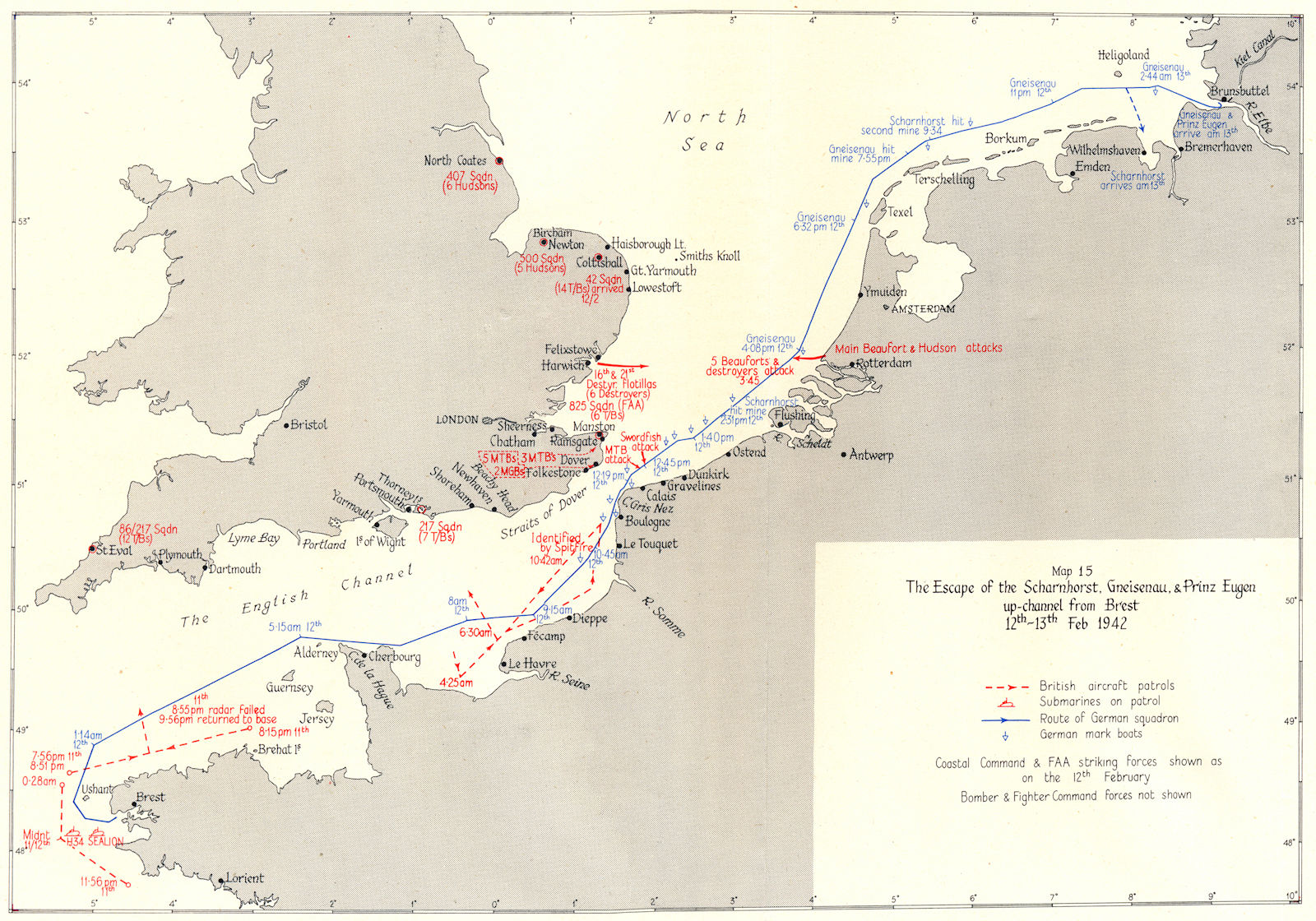 FINISTÈRE. Escape Scharnhorst, Gneisenau & Prinz Eugen; Brest Feb 1942 1956 map