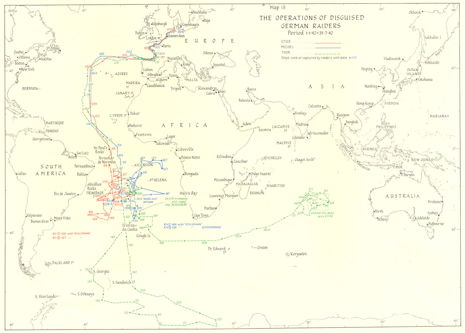 OCEAN WARFARE. Jan-July 1942. Operations of disguised German raiders 1956 map