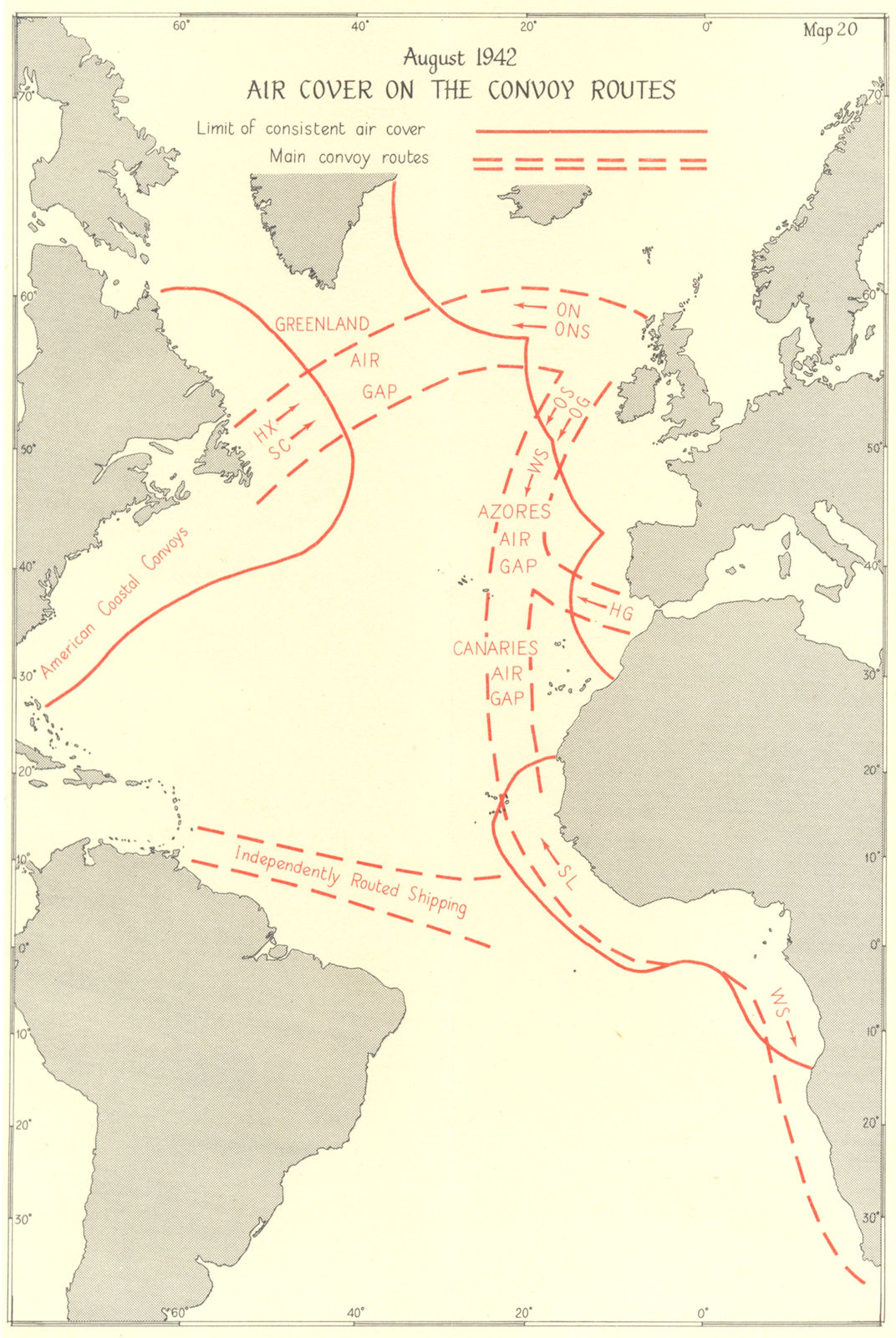 Associate Product BATTLE OF THE ATLANTIC. 2nd campaign. Aug 1942 Air cover convoy routes 1956 map