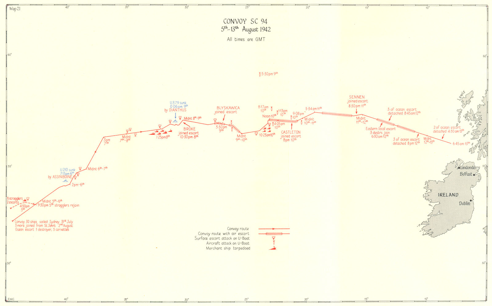 BATTLE OF THE ATLANTIC. 2nd campaign, convoy routes. SC 94 Aug 1942 1956 map