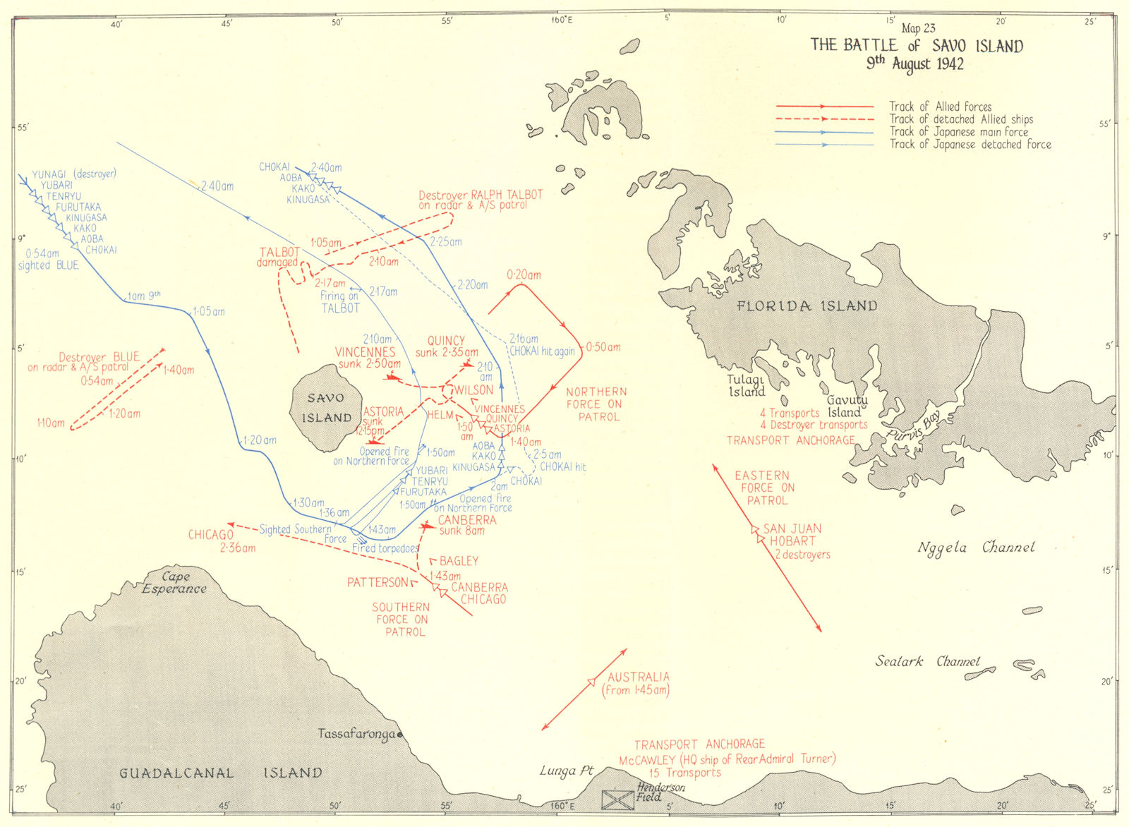 PACIFIC OCEAN. The Battle of Savo Island 9th August 1942 1956 old vintage map
