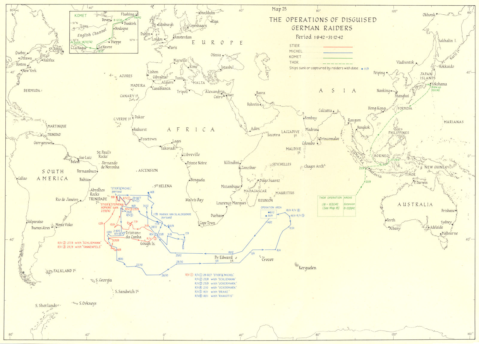 WW2 NAVAL WARFARE. Aug-Dec 1942 Operations of disguised German Raiders 1956 map