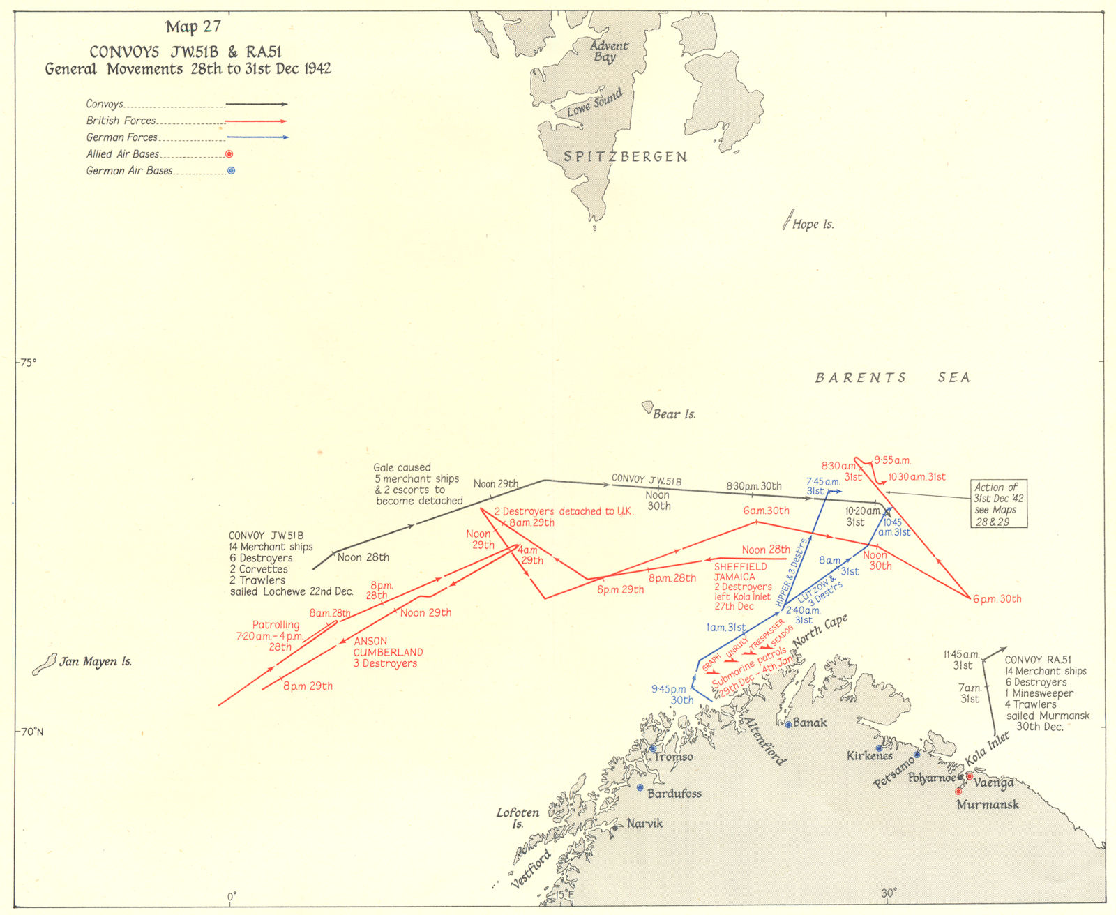 ARCTIC. Convoys JW 51B & RA51 General Movements 28th to 31st Dec 1942 1956 map