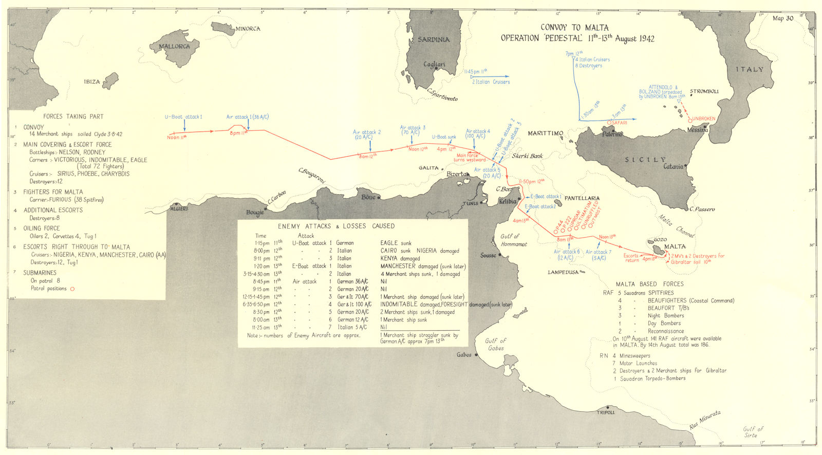 MALTA. Convoy to Operation 'Pedestal' 11th-13th Aug 1942 1956 old vintage map