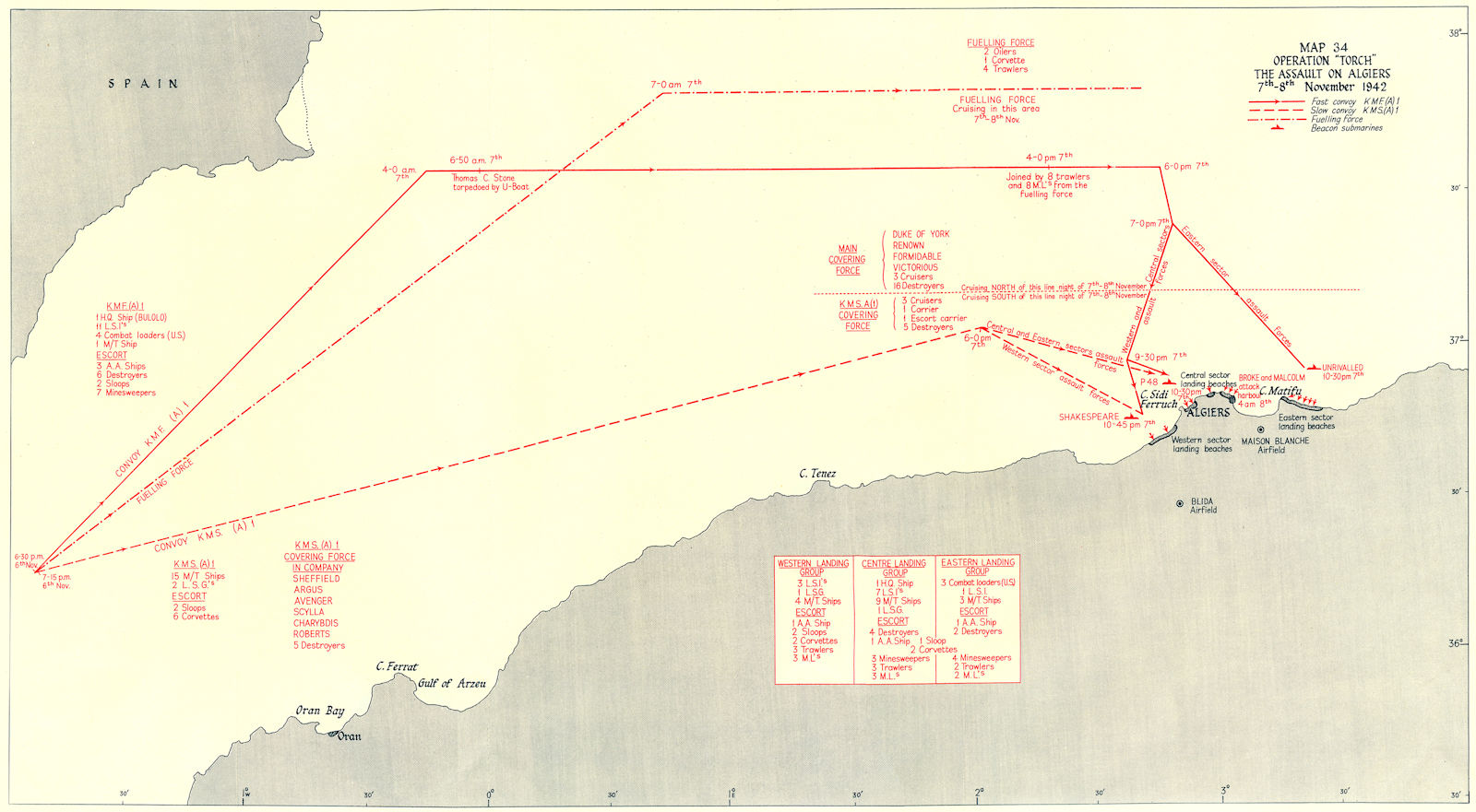 ALGERIA. Operation Torch assault, Algiers 7th-8th Nov 1942 1956 old map