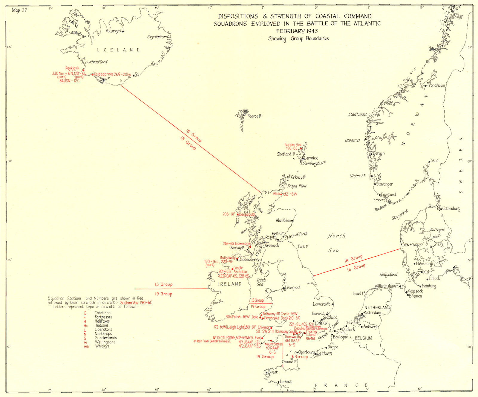 BATTLE OF THE ATLANTIC. Coastal command squadrons Feb 1943 boundaries 1956 map