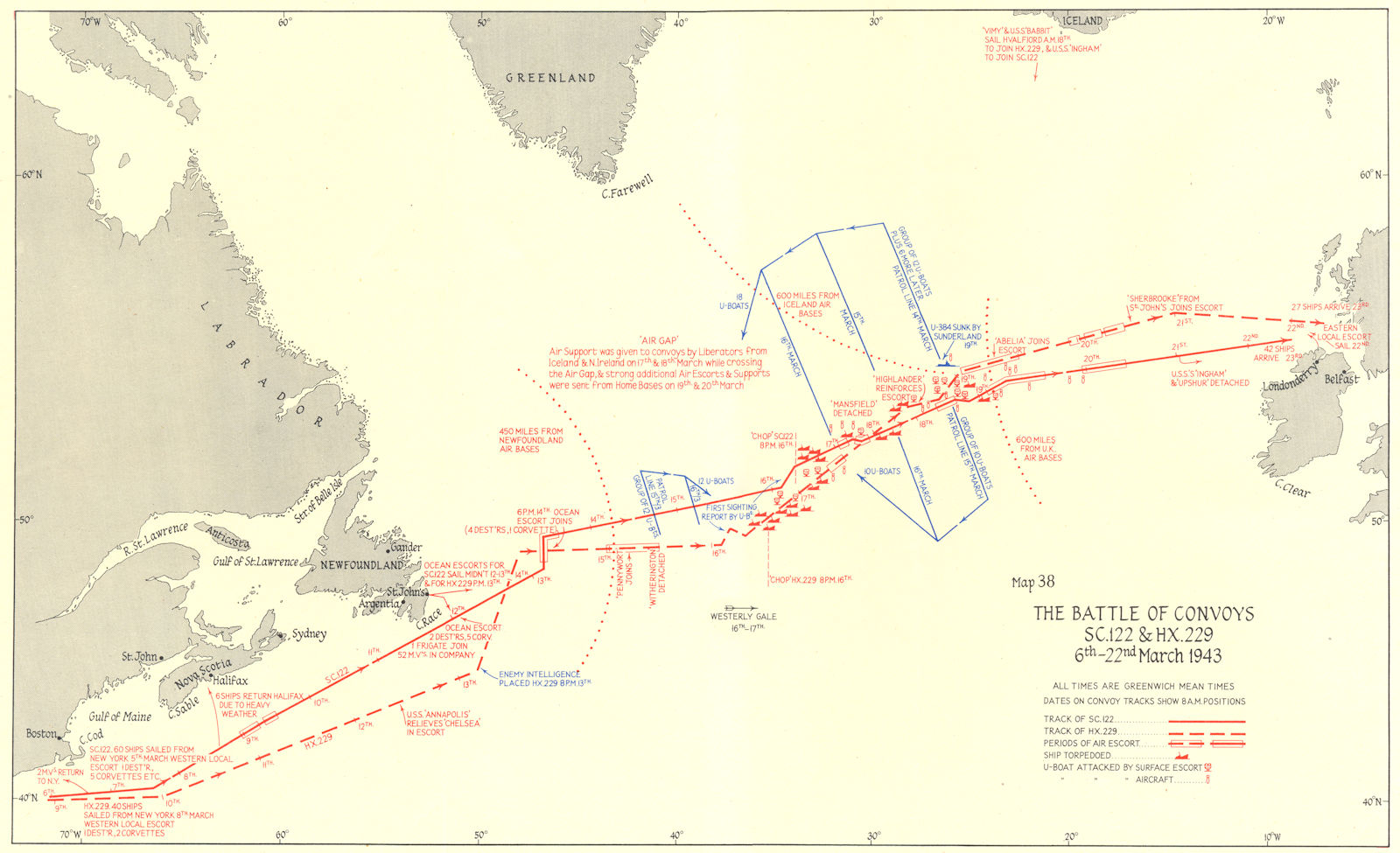BATTLE OF THE ATLANTIC. Convoys SC 122 & HX 229 6th-22nd March 1943 1956 map