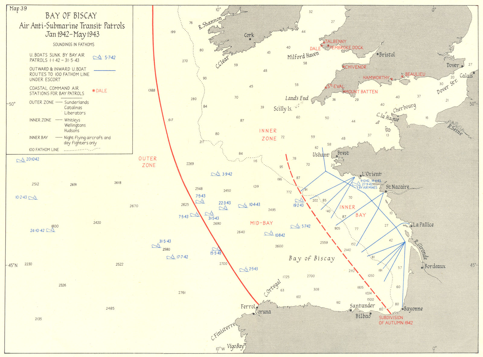 BAY OF BISCAY. Air Anti-Submarine Patrols 1942-43 1956 old vintage map chart