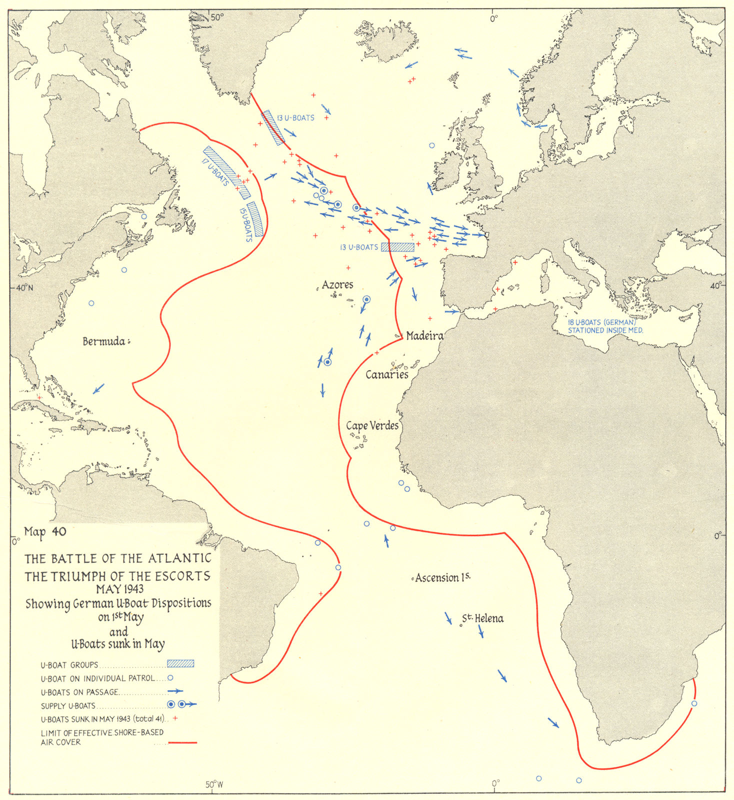 Associate Product BATTLE OF THE ATLANTIC. German U-Boat positions 1st May & sunk in 1943 1956 map