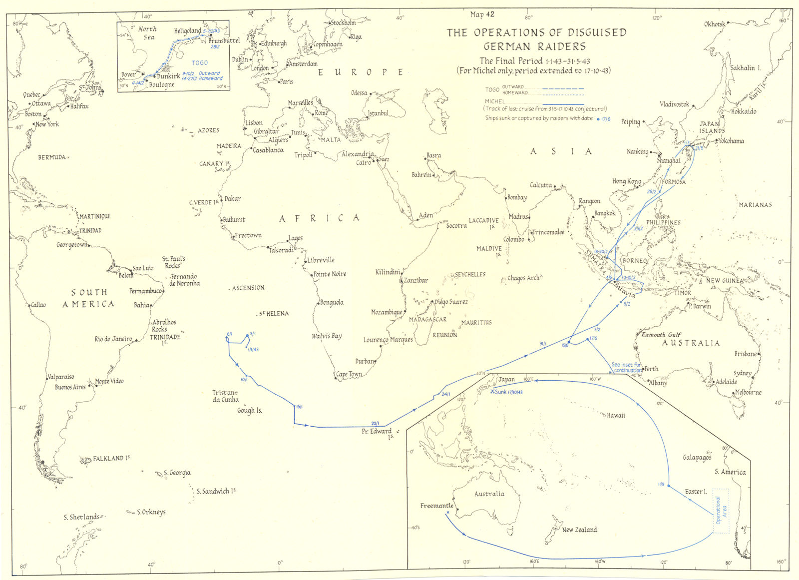 WW2 NAVAL WARFARE. Jan-May 1943 operations of disguised German Raiders 1956 map
