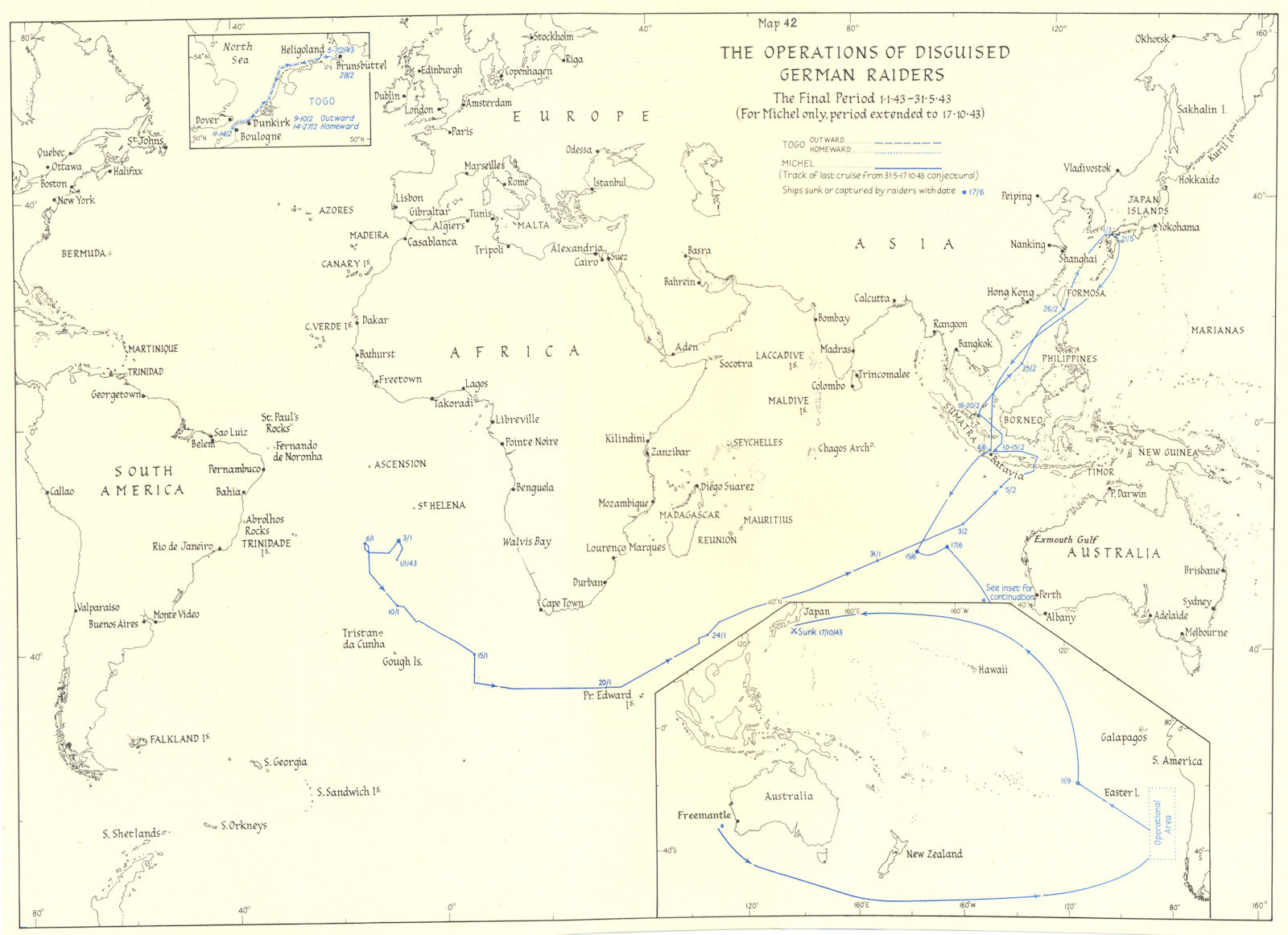 Associate Product WW2 NAVAL WARFARE. Jan-May 1943 operations of disguised German Raiders 1956 map