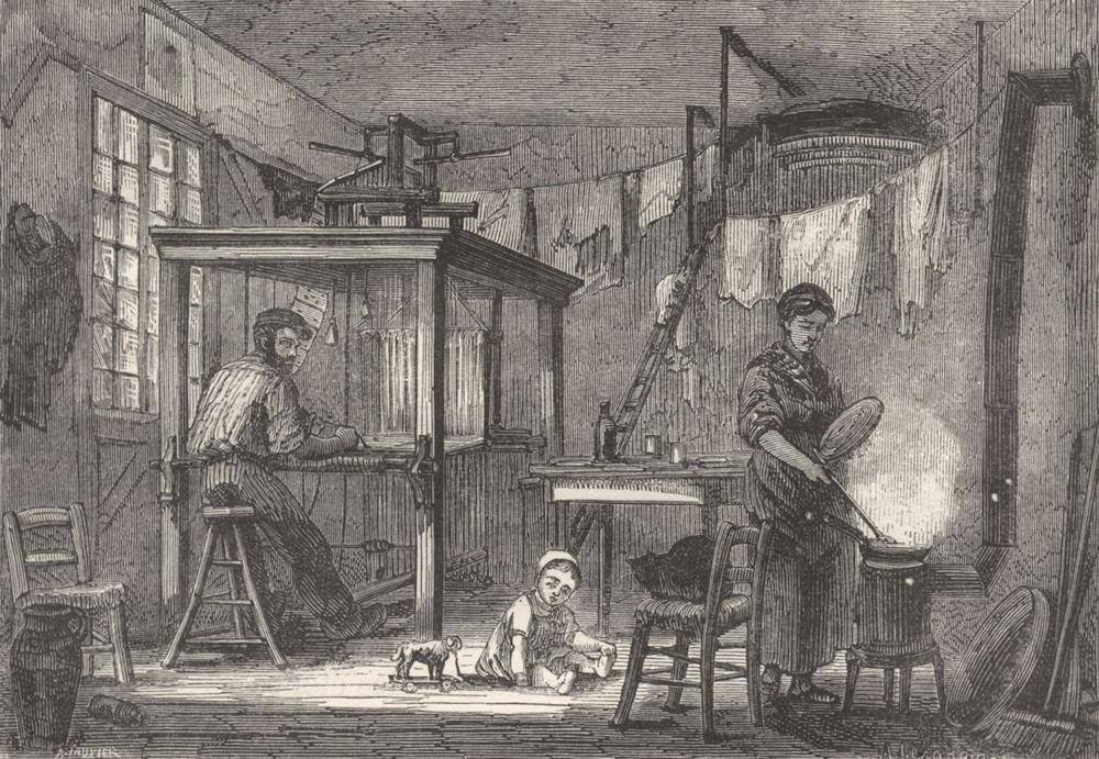 RHÔNE. Lyon. Interieur d'un tisseur lyonnais 1880 old antique print picture