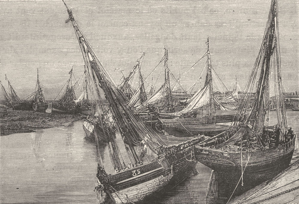 MANCHE. Cherbourg. Barques de peche echouees l'avant-port 1880 old print