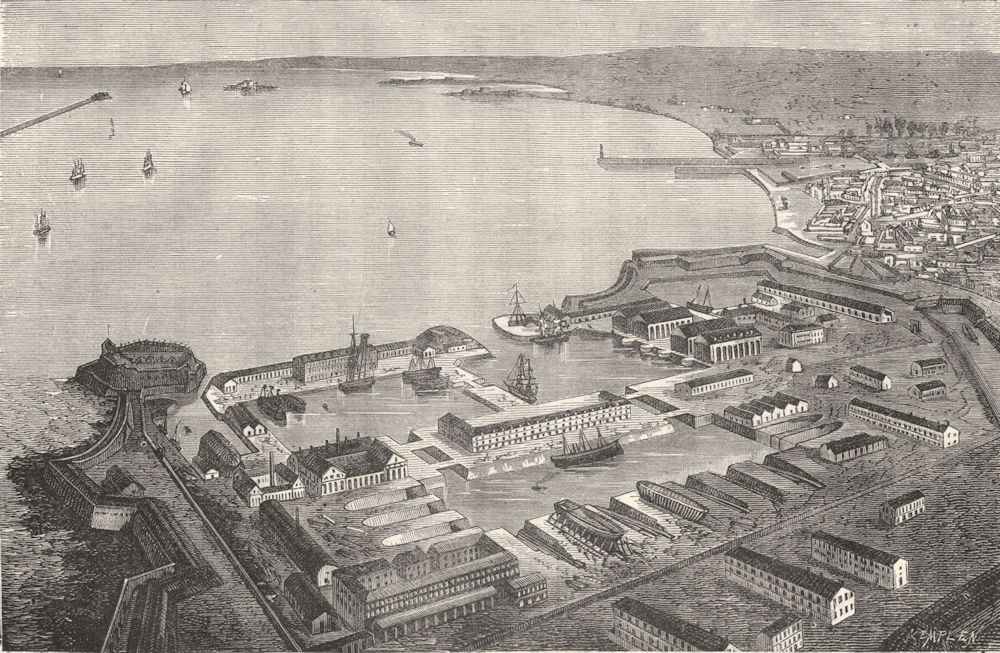 MANCHE. Cherbourg. a vol d'oiseau du port militaire de rade 1880 old print