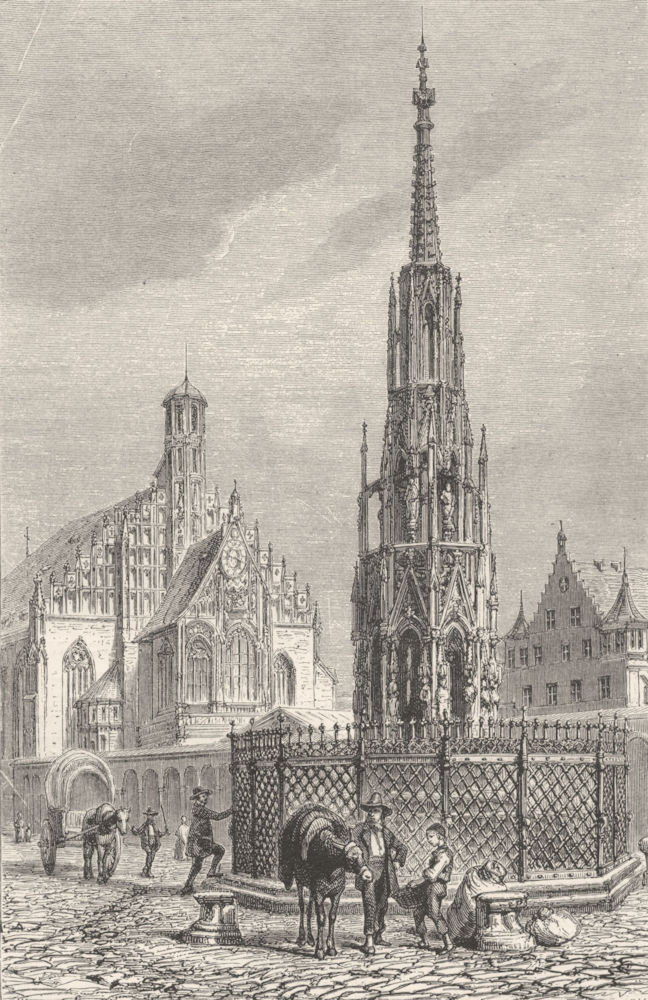 GERMANY. Nuremberg. The Schonebrunnen and Marien-Kirche c1893 old print
