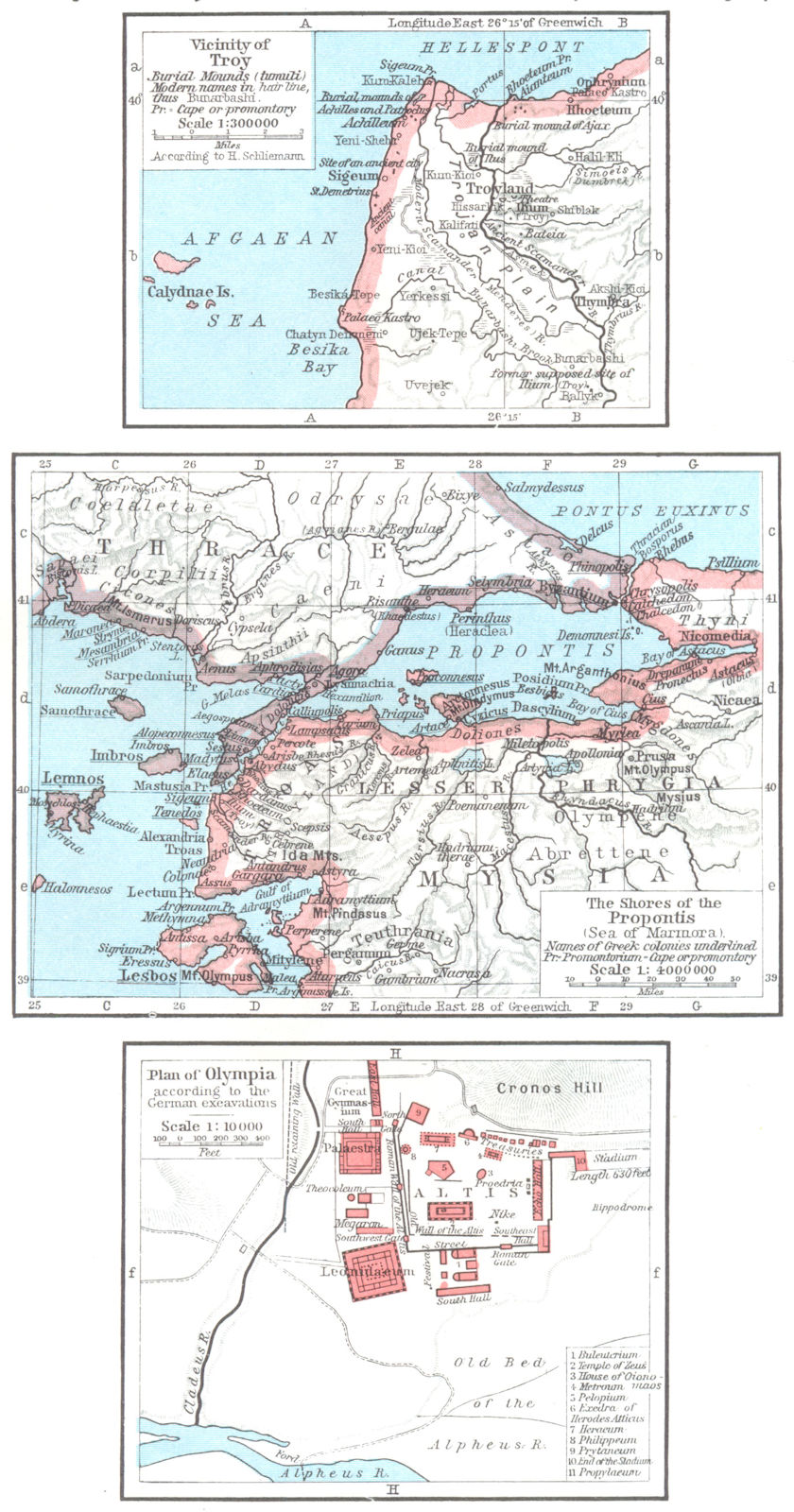 Associate Product TURKEY. Troy; Propontis(Sea of Marmara); Olympia German excavations 1956 map