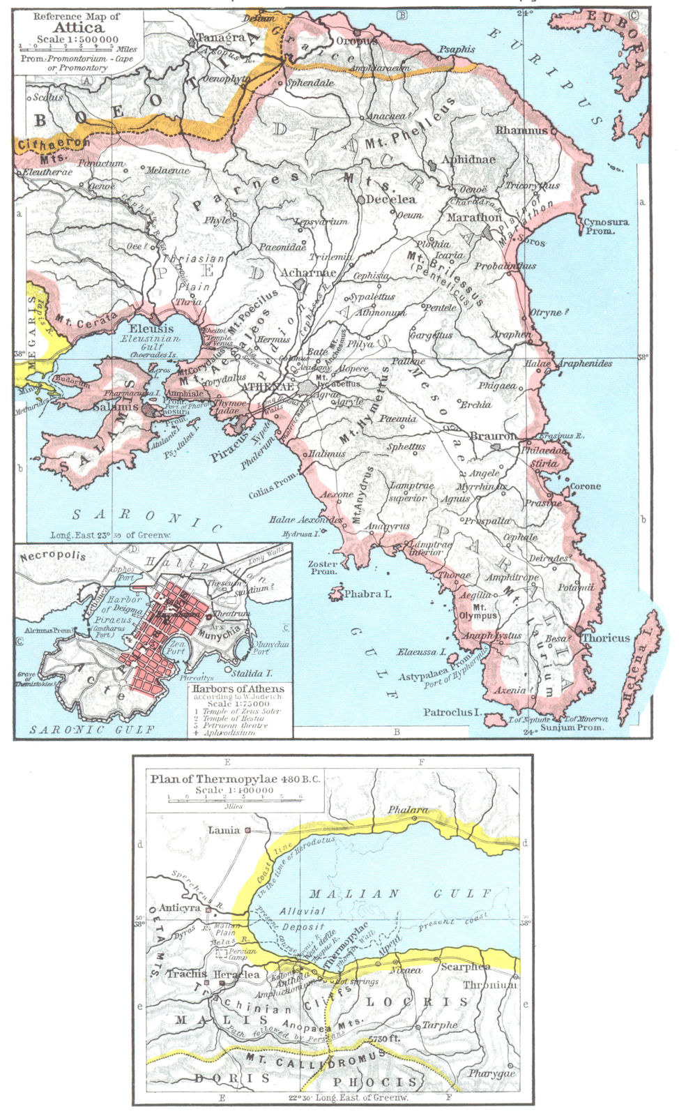 Associate Product GREECE. Map of Attica; Insets. Harbors Athens; plan Thermopylae, 480 BC 1956