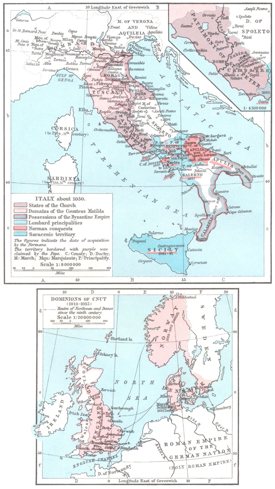 ITALY. c.1050; Insets. Patrimony of St Peter; Dominions Cnut 1014-35 1956 map