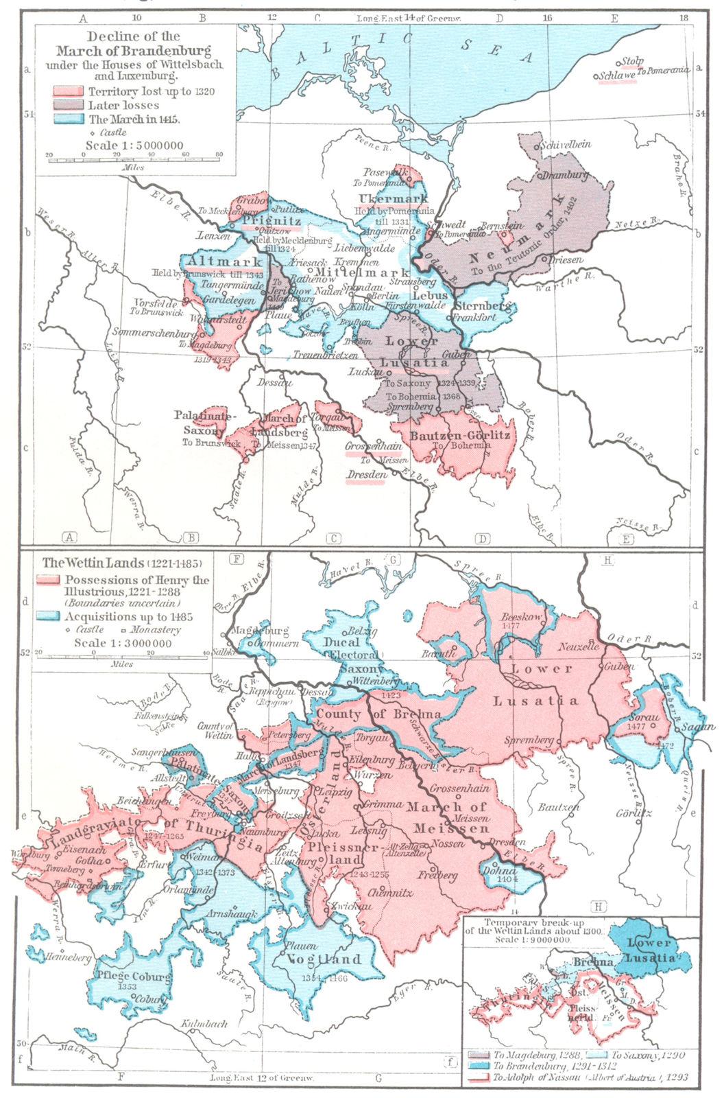 GERMANY. Decline of March Brandenburg 1320-1415 Wettin lands 1221-1485 1956 map