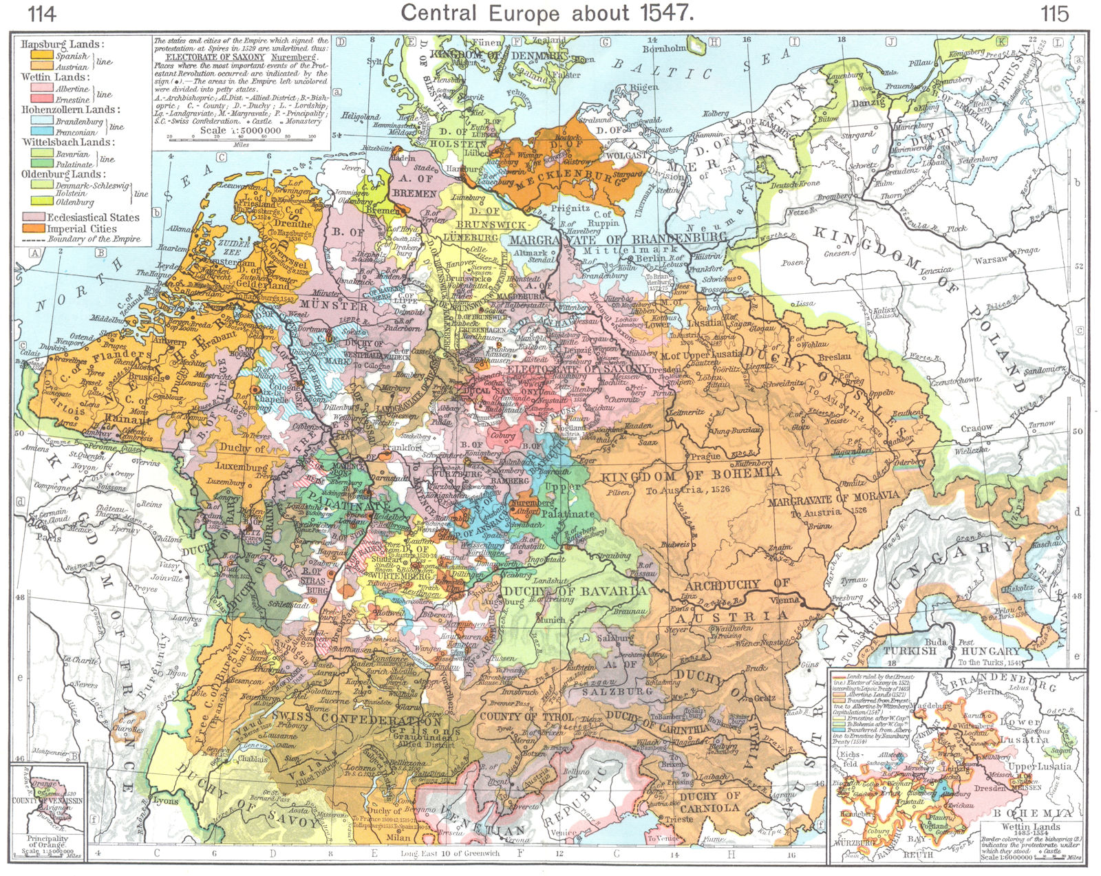 Associate Product EUROPE. Central c.1547; Insets. Principality of Orange; Wettin Lands 1956 map
