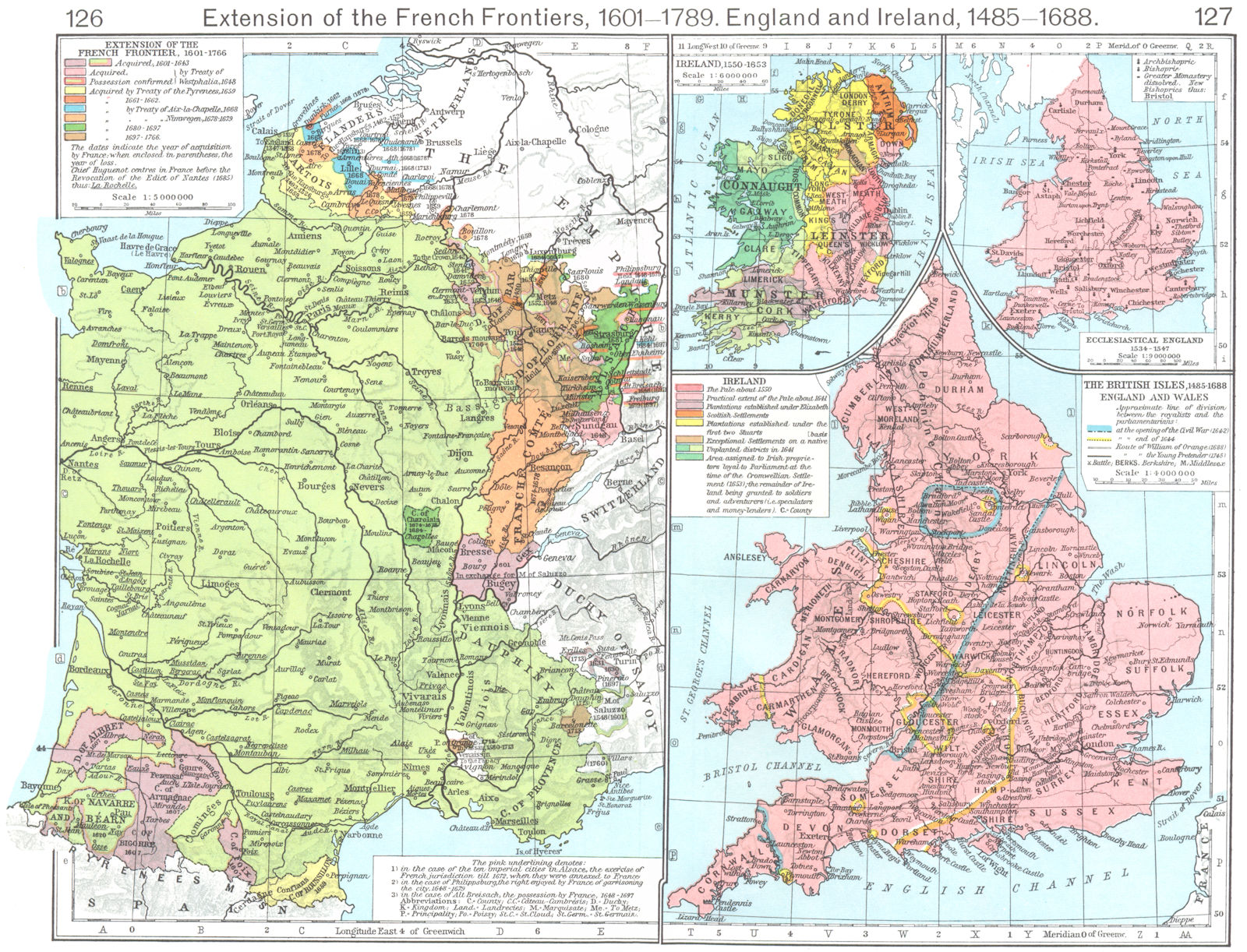 FRANCE. Frontiers, 1601-1766; British Isles, 1485-1688; Ecclesiastical 1956 map