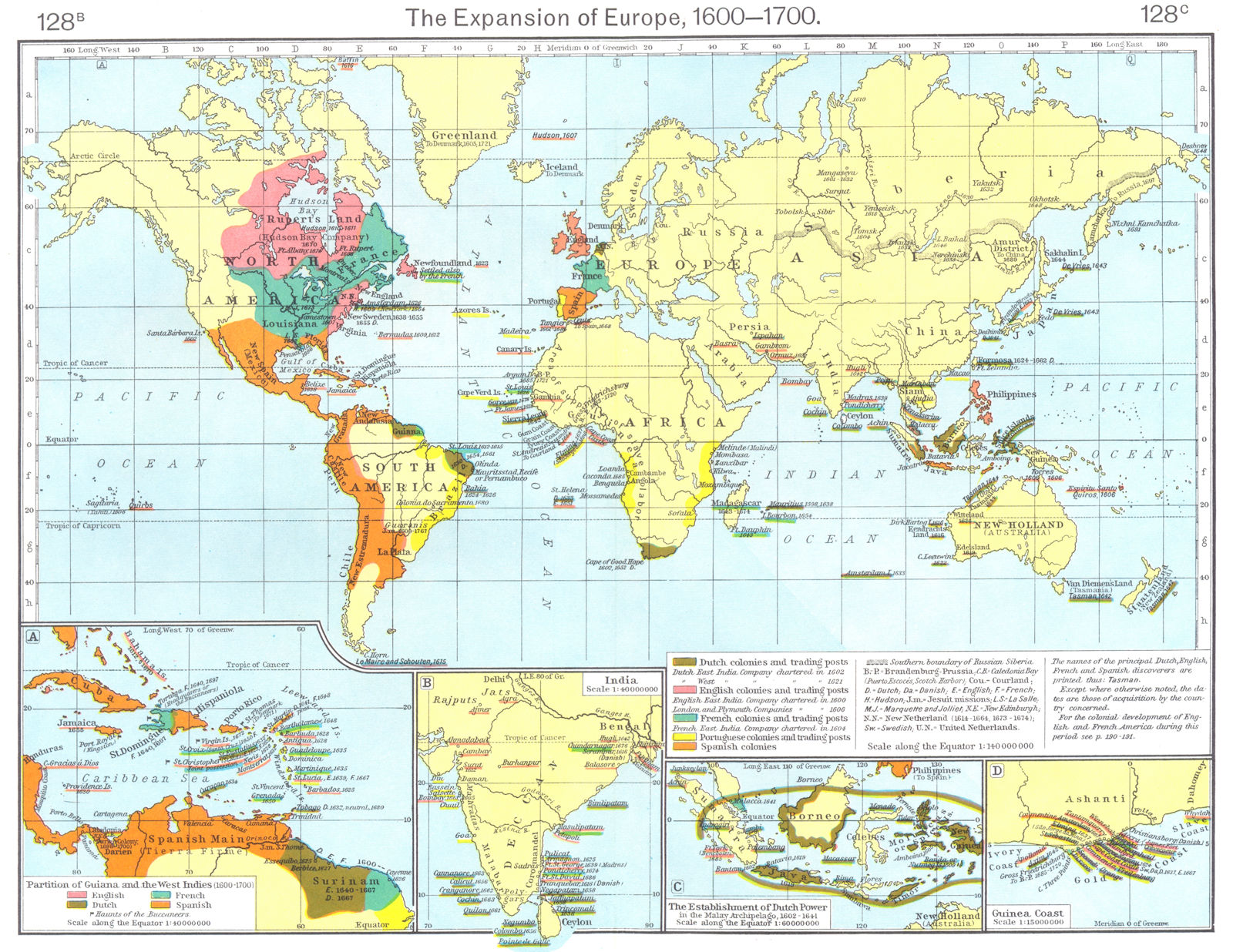 EUROPEAN COLONISATION. 17C Guyana West Indies India Indonesia Guinea 1956 map