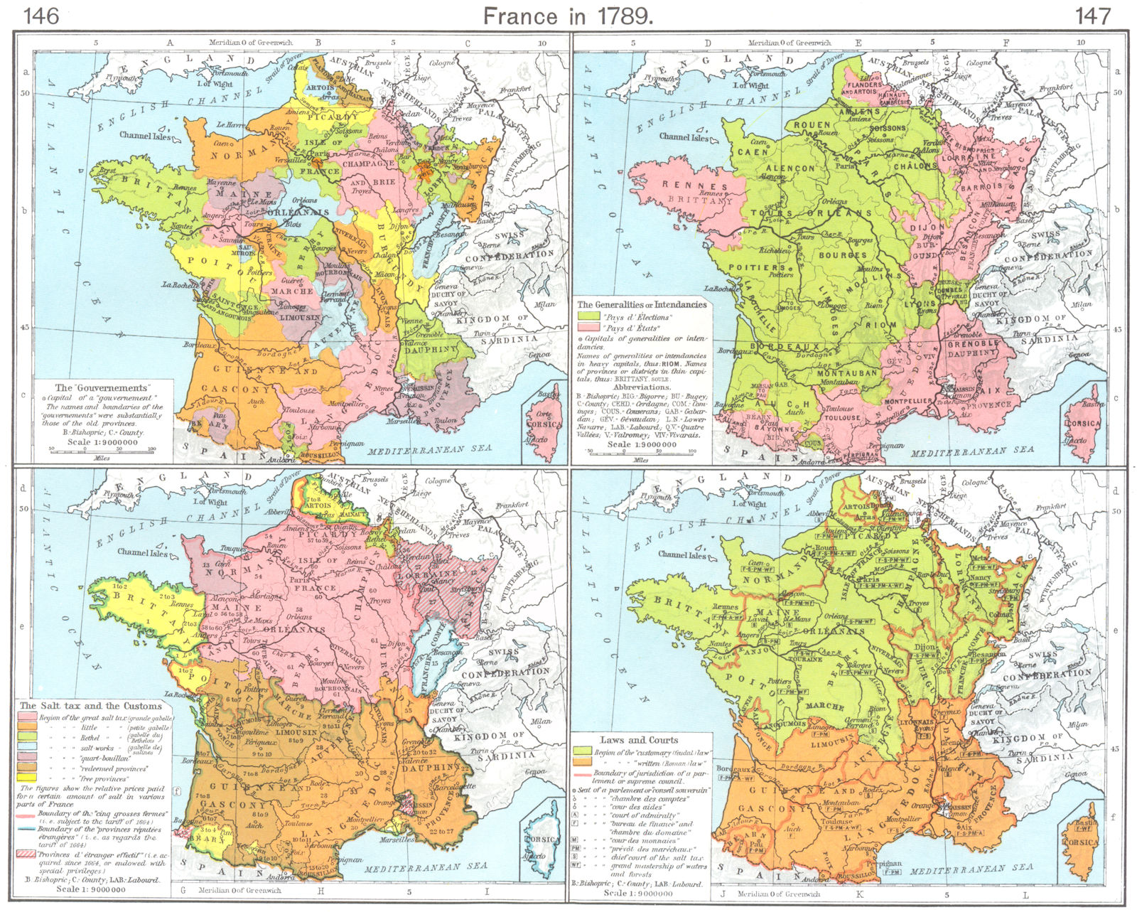 FRANCE. 1789. Gouvernements; Intendancies; Salt tax & Customs; Courts 1956 map