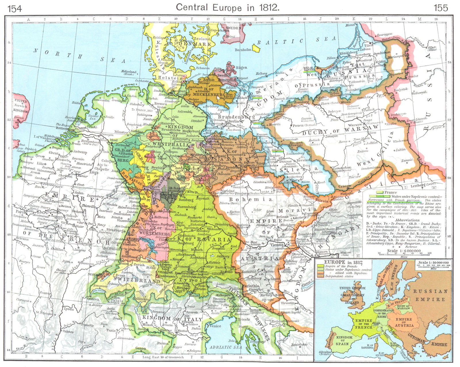 EUROPE. Central Europe in 1812; Inset map of Europe in 1812 1956 old