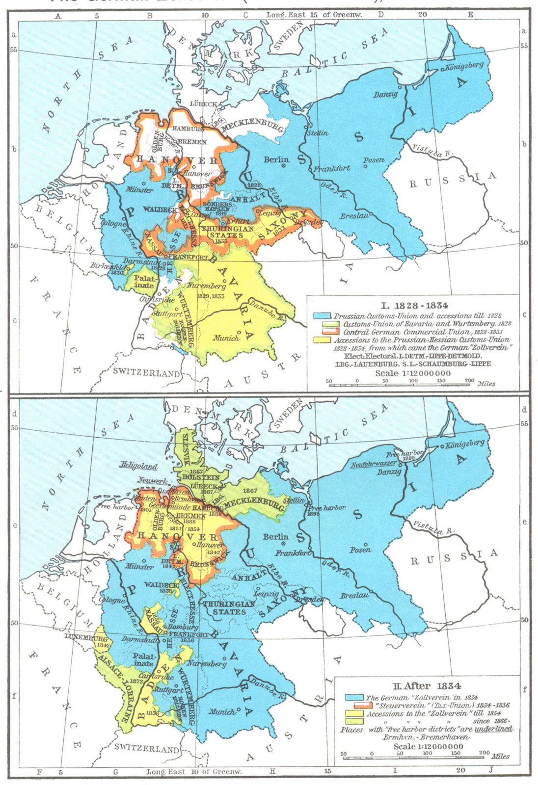 GERMANY. German Zollverein(Customs-Union)1828-1872. I-1834; II post 1956 map