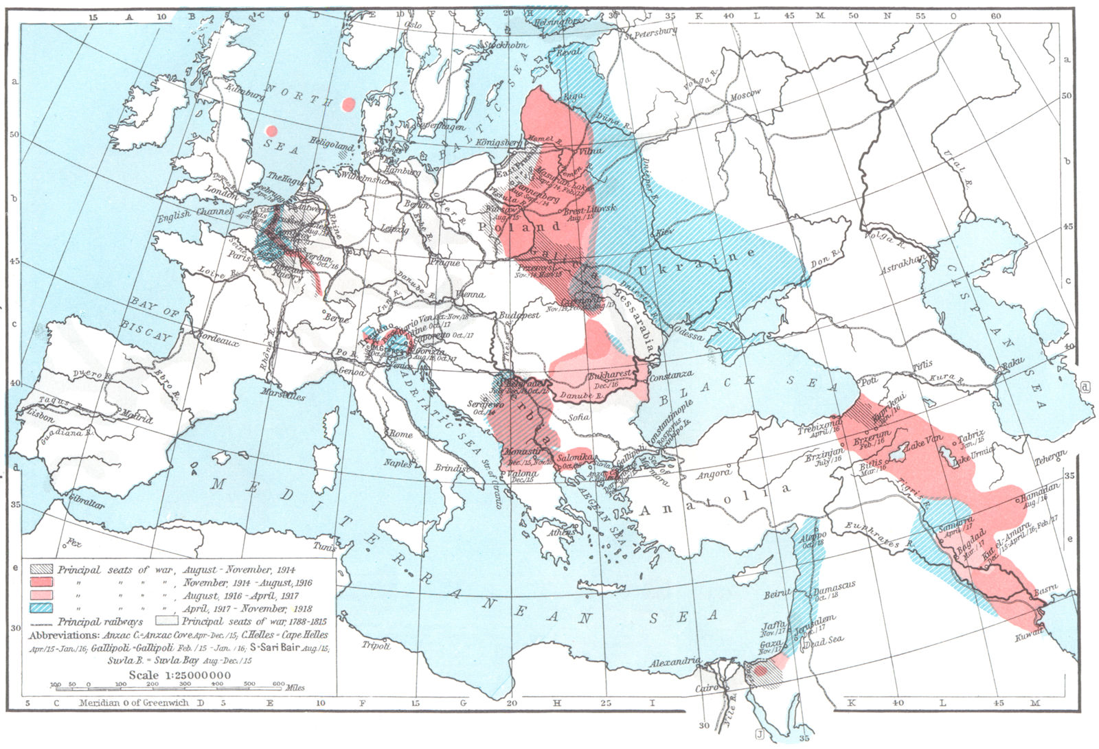 EUROPE. Principal seats of War, 1914-1918 1956 old vintage map plan chart