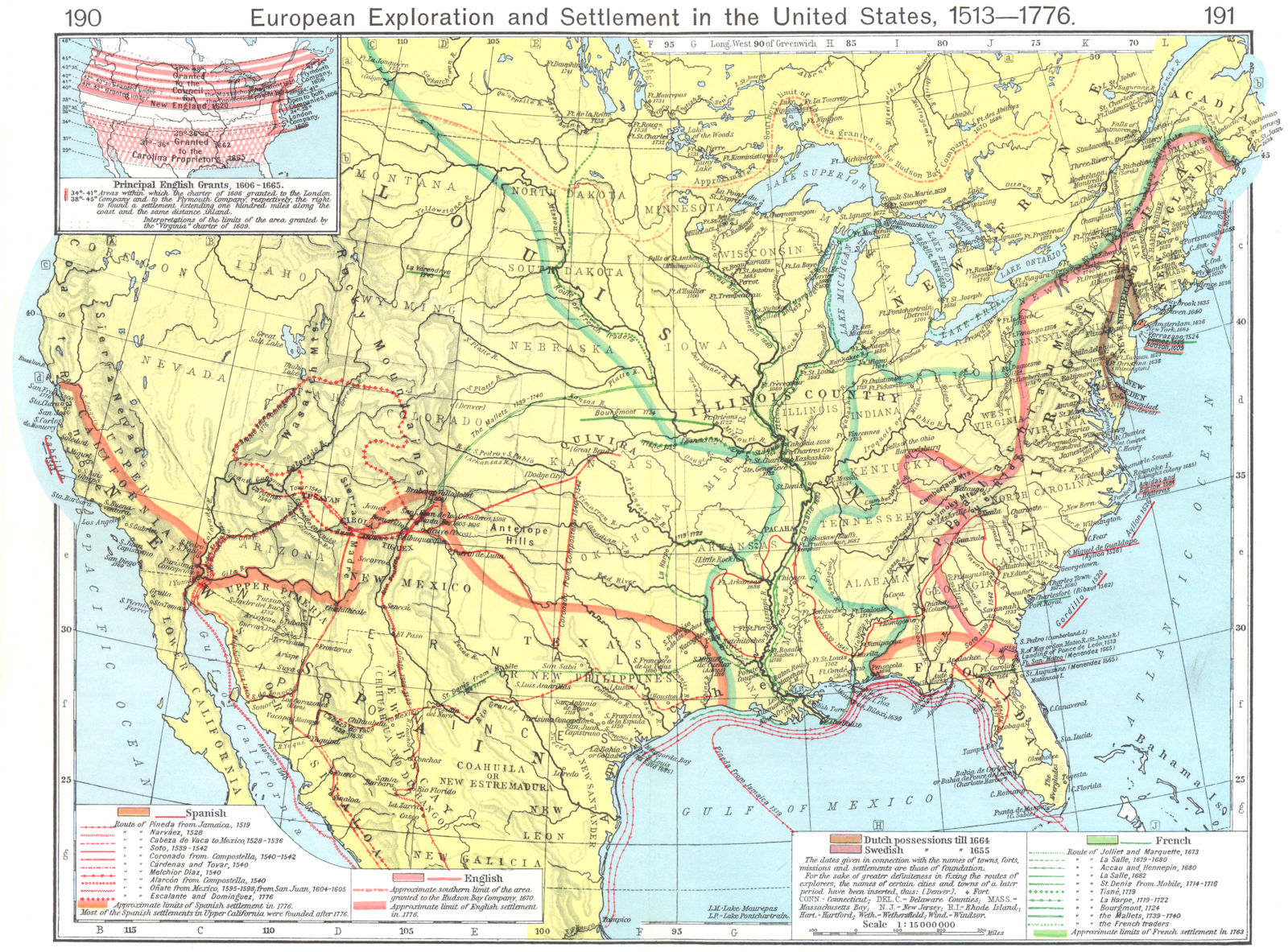USA. European Exploration Settlement 1513-1776; English Grants 1606-65 1956 map