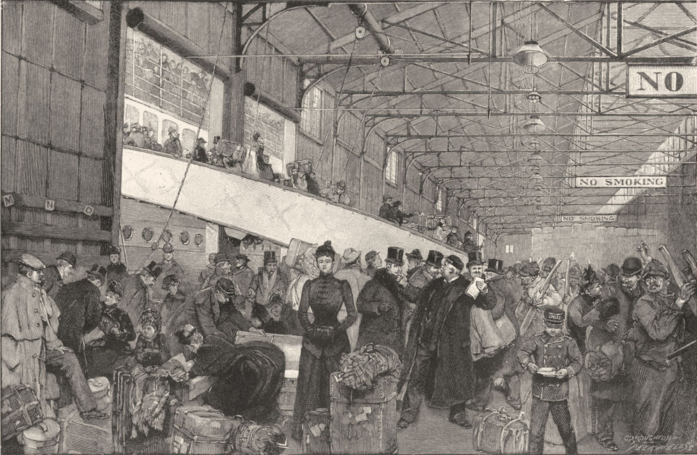 NEW YORK. Custom's officers examining baggage, a steamer's wharf at 1891 print