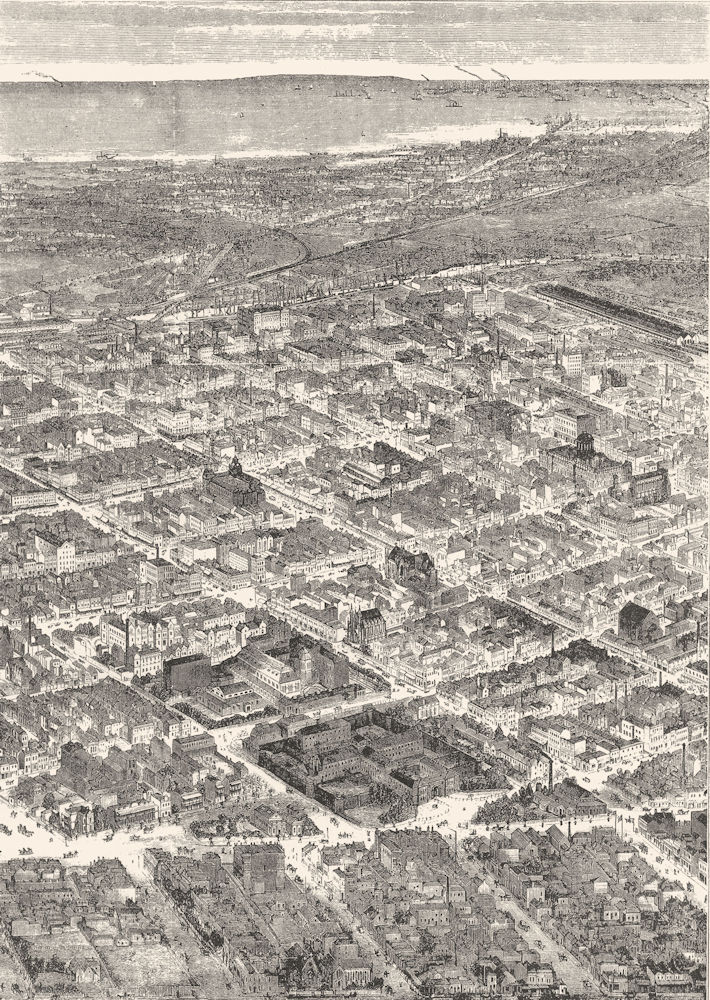 Associate Product AUSTRALIA. Bird's-Eye Melbourne, looking Southwards to sea 1886 old print