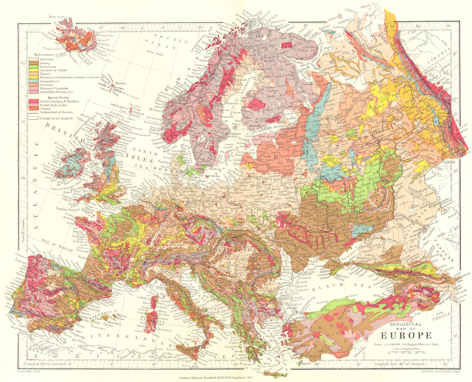 EUROPE GEOLOGICAL. Tertiary Jurassic Triassic Cretaceous &c. STANFORD 1906 map