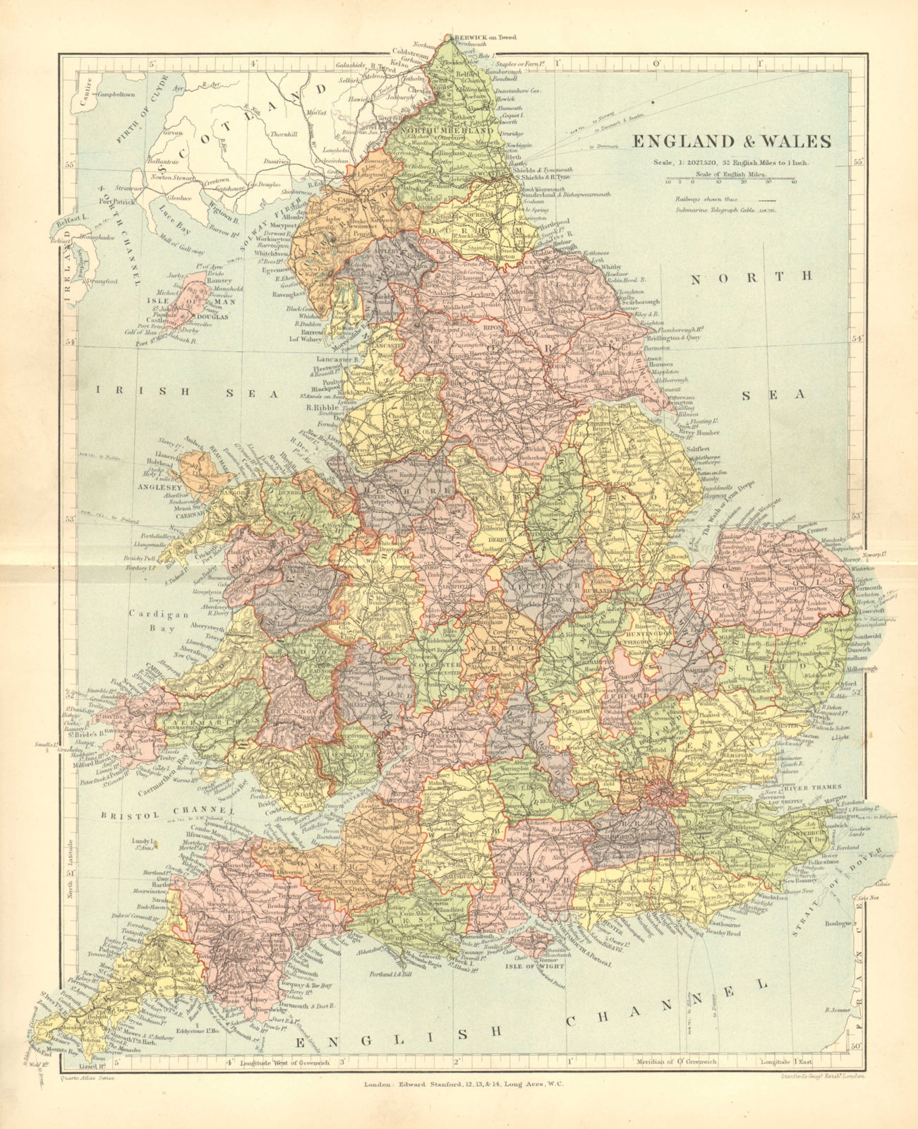 ENGLAND & WALES. showing counties, towns railways. STANFORD 1906 old map