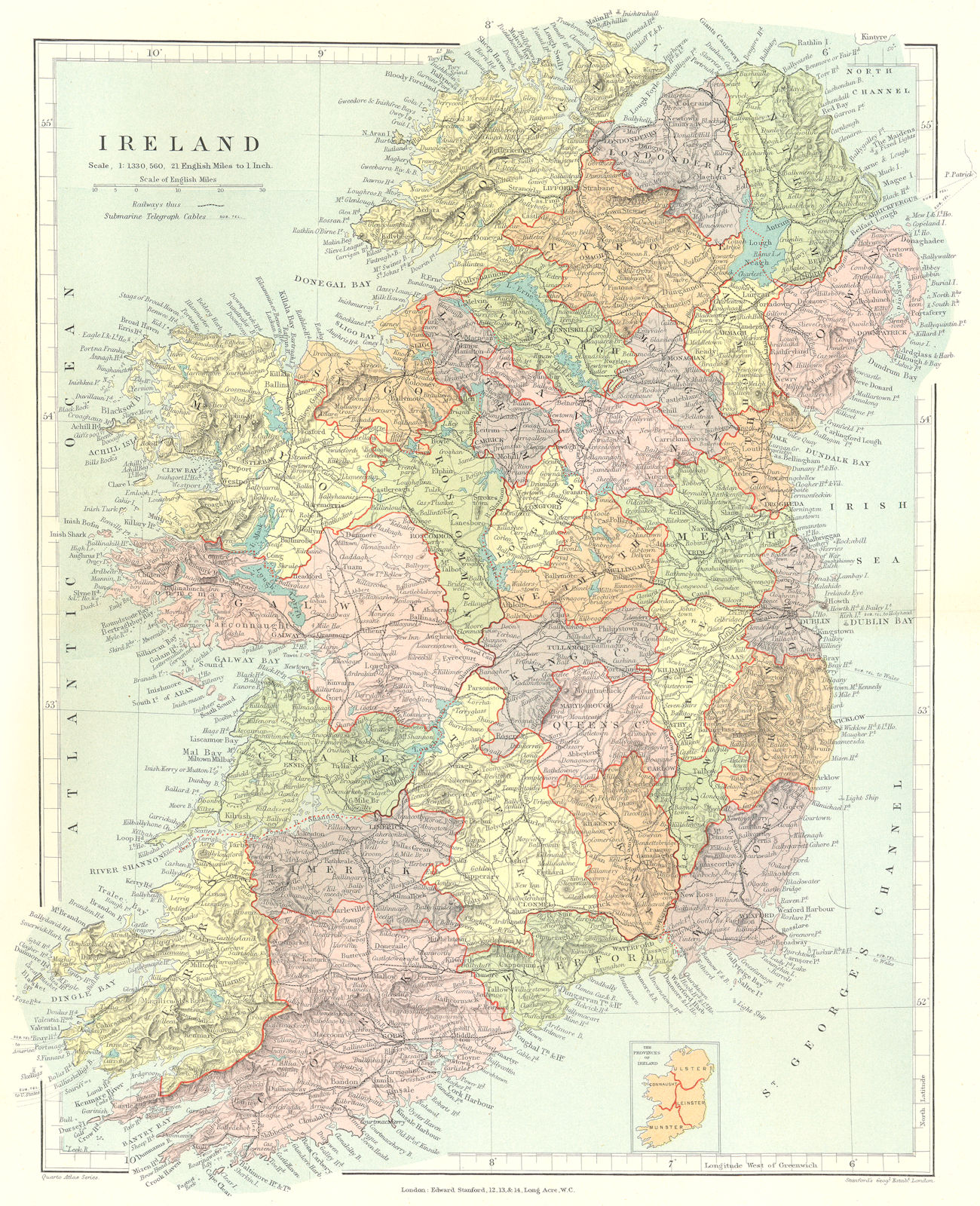 IRELAND. Showing counties, railways & towns. STANFORD 1906 old antique map