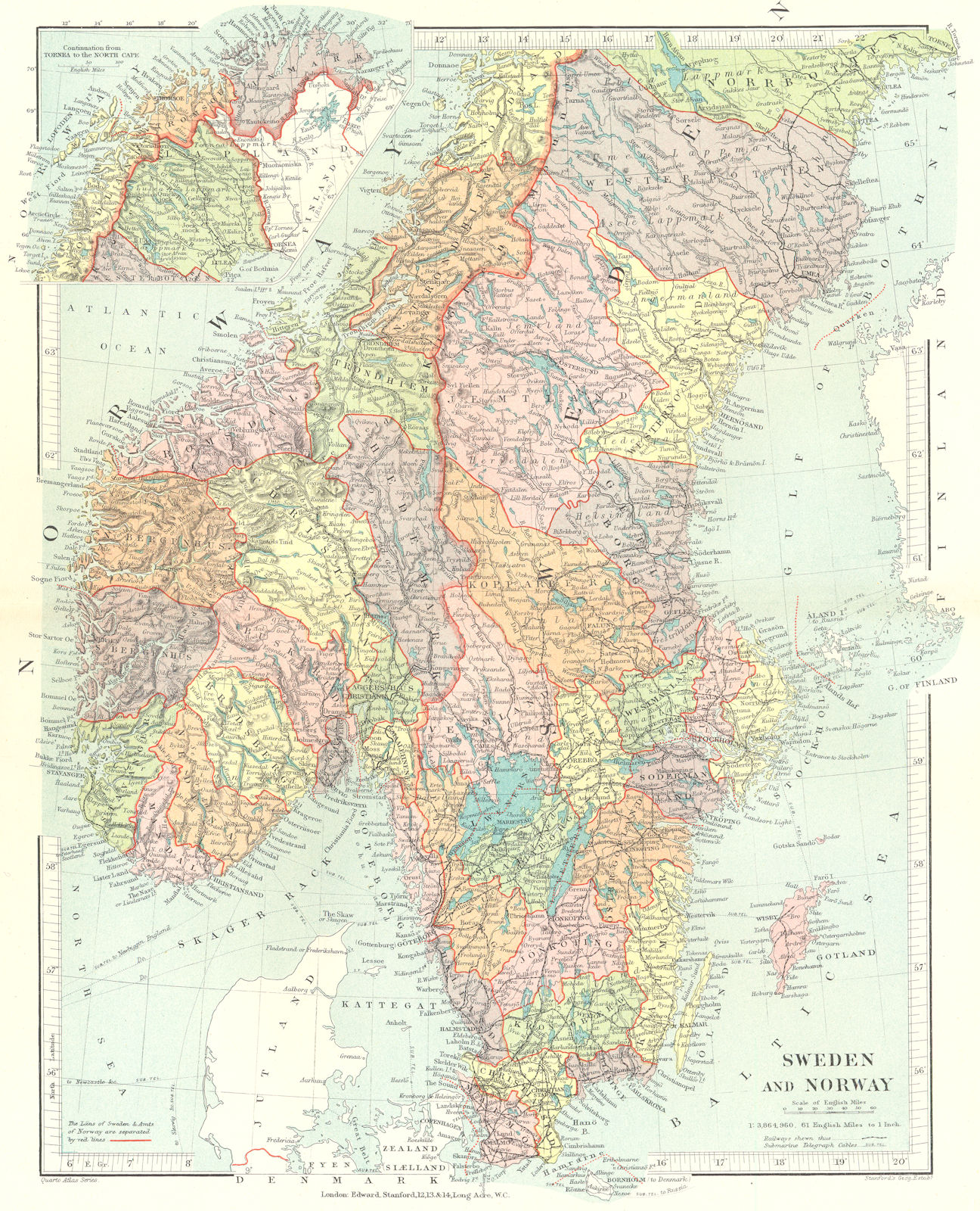 Associate Product SCANDINAVIA. Sweden & Norway. Showing  counties/Läns/Amts. STANFORD 1906 map