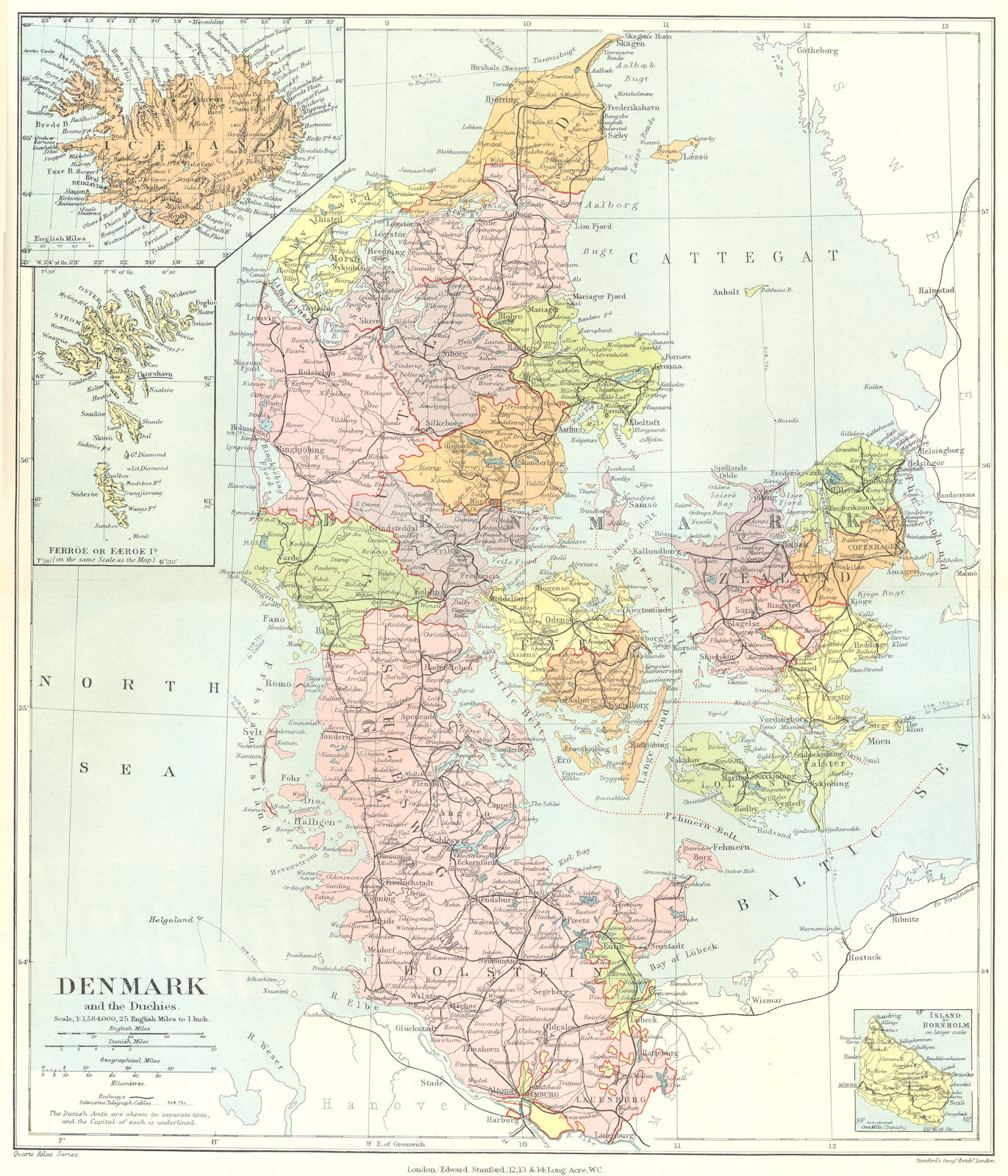 DENMARK. Shows all of Schleswig as German. Iceland. STANFORD 1906 old map