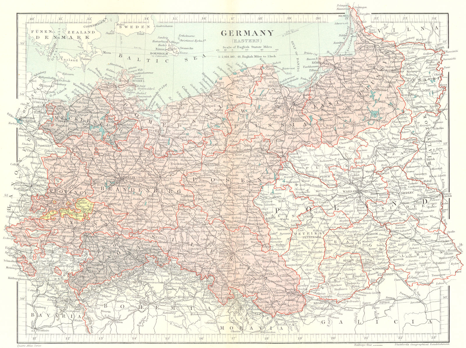 EASTERN GERMANY. Prussia Brandenburg Pomerania Saxony Poland. STANFORD 1906 map