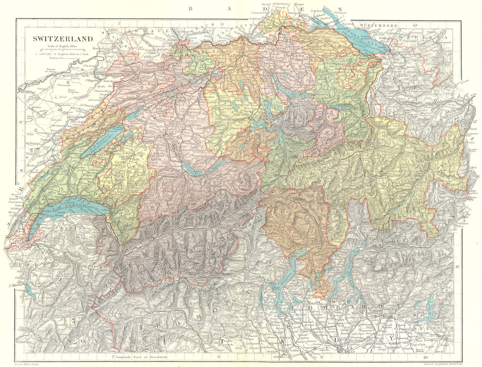 SWITZERLAND. showing railways & cantons.. STANFORD 1906 old antique map chart