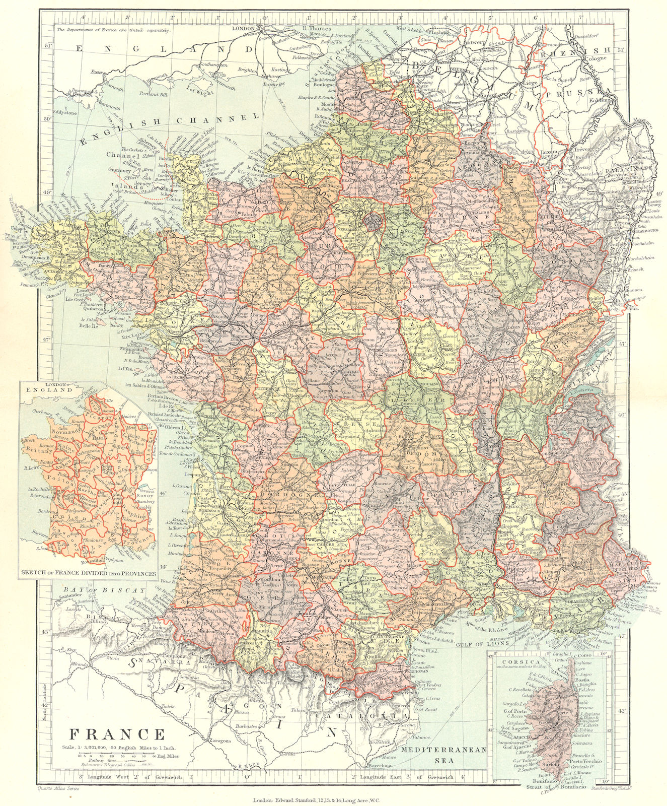 FRANCE. in departments, w/o Alsace Lorraine. Inset provinces. STANFORD 1906 map