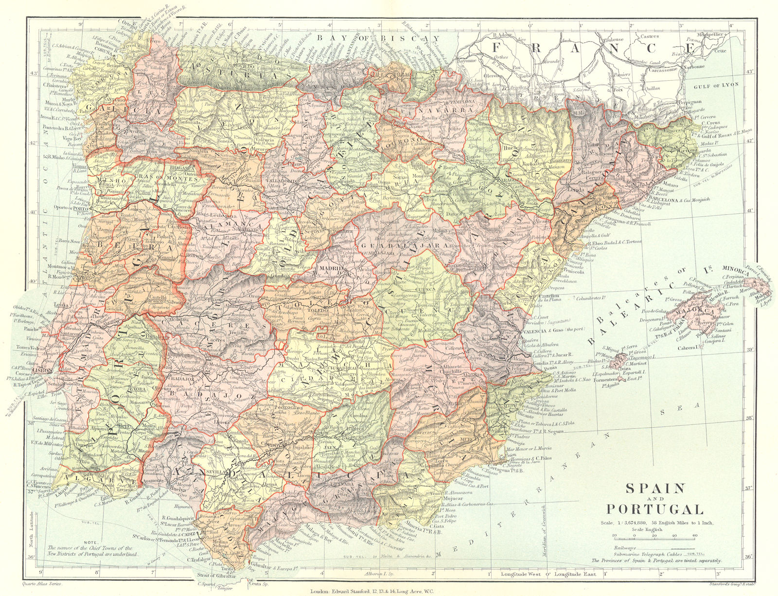 IBERIA. Spain and Portugal showing provinces. STANFORD 1906 old antique map