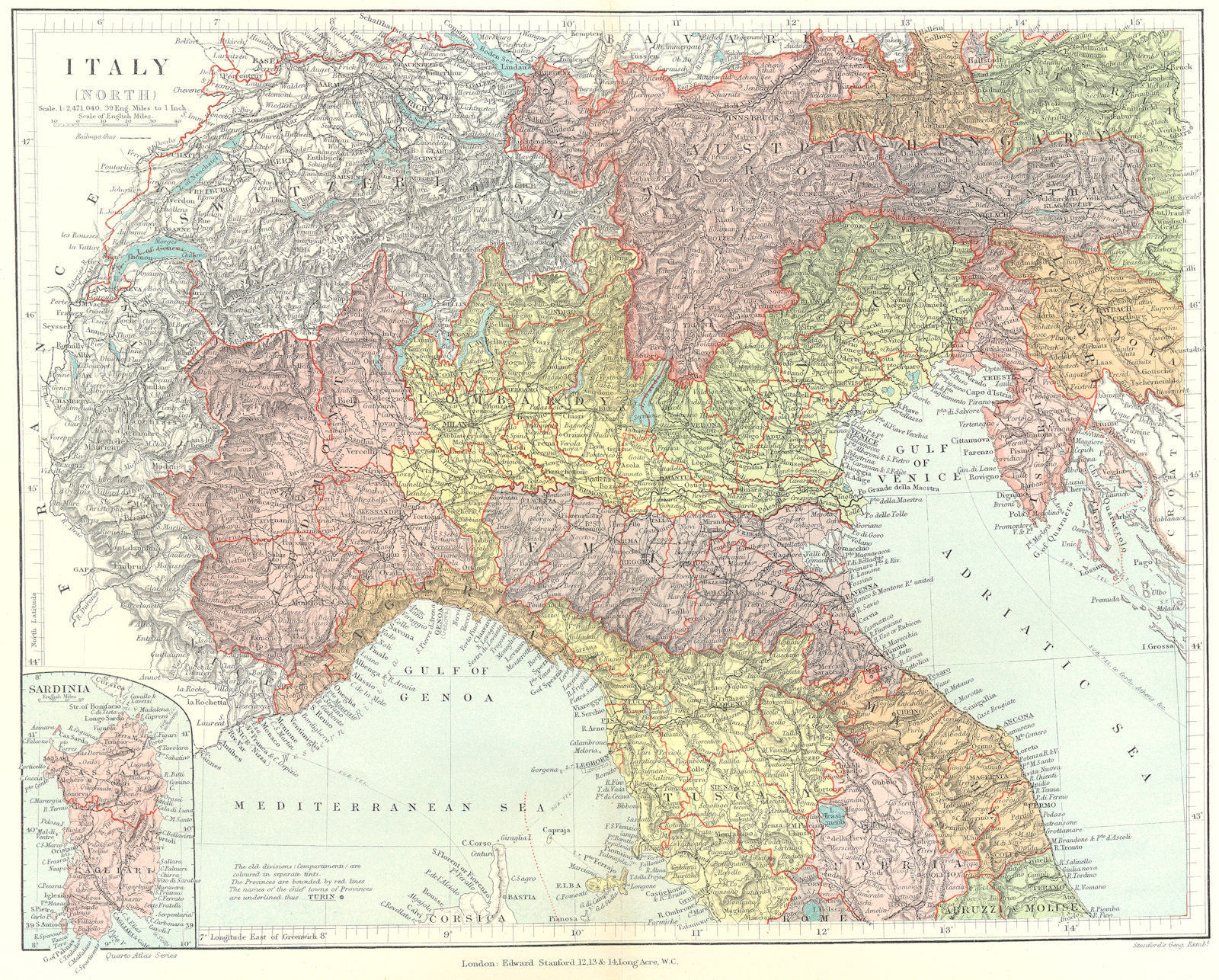NORTHERN ITALY. Showing provinces and compartmenti. STANFORD 1906 old map