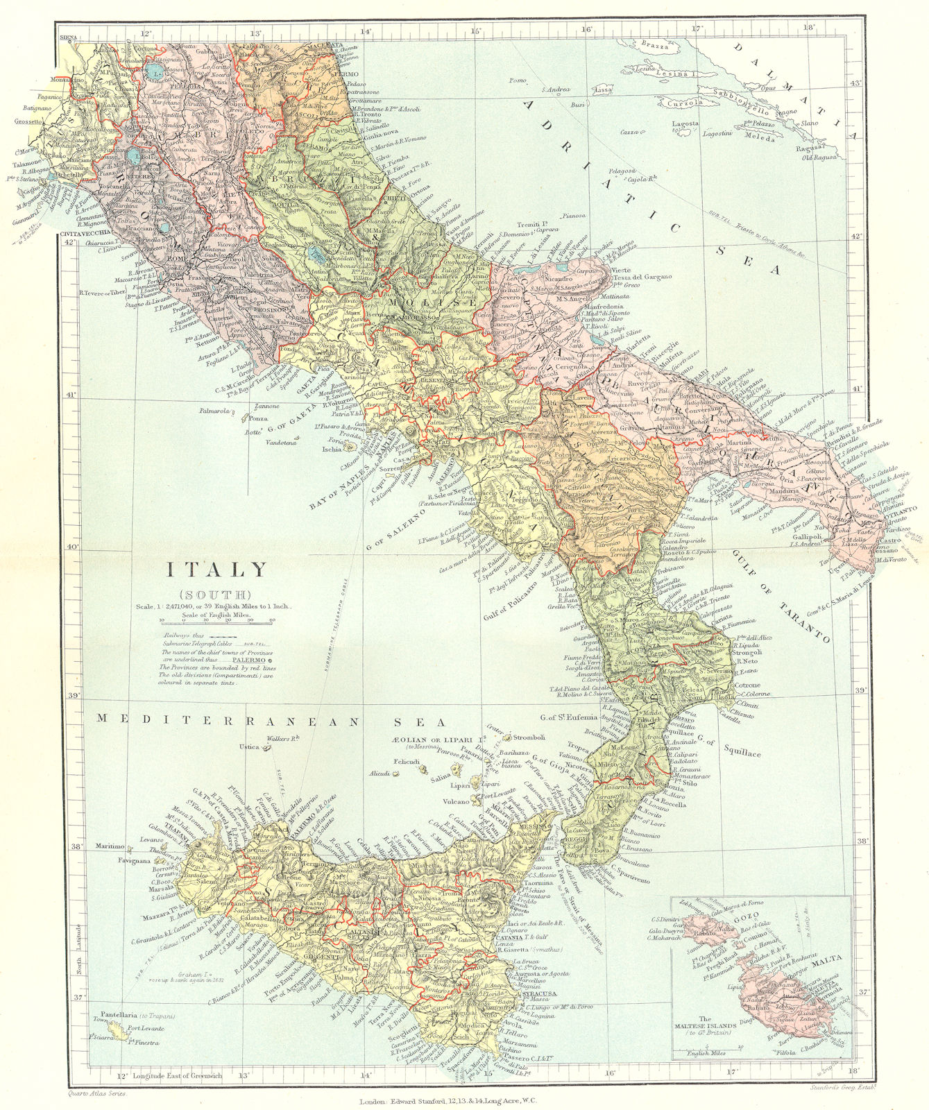 Associate Product SOUTHERN ITALY. Showing provinces & compartmenti. Inset Malta.STANFORD 1906 map