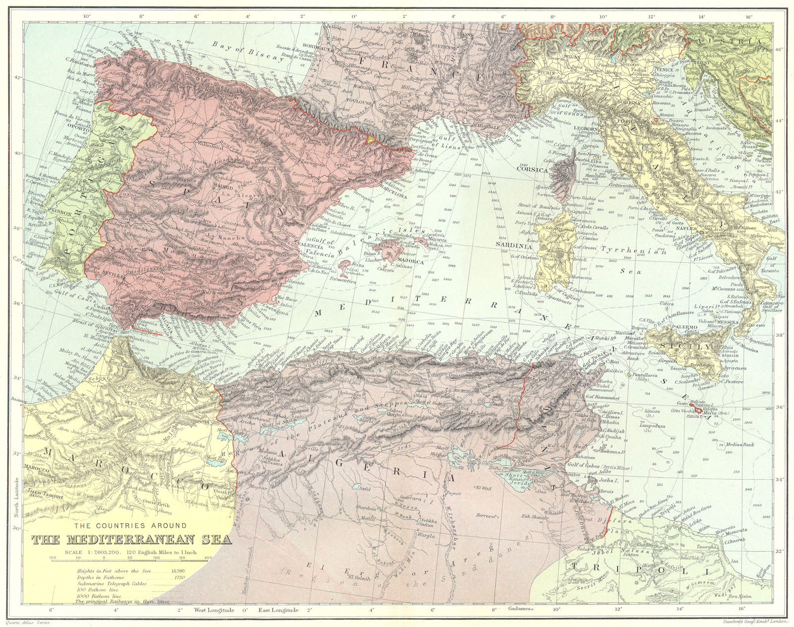 WESTERN MEDITERRANEAN. submarine cables.Iberia N Africa Italy.STANFORD 1906 map