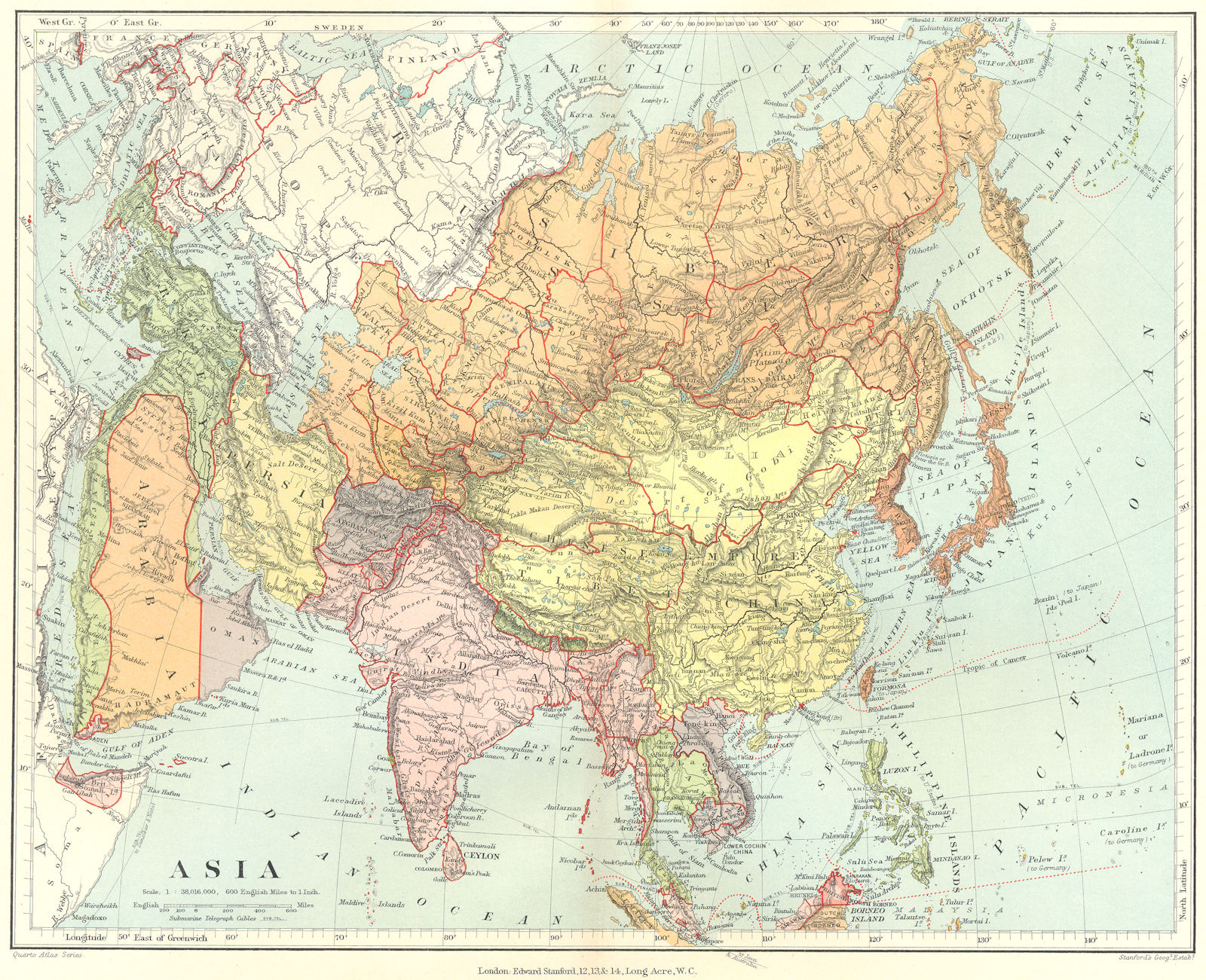 ASIA. Russia China British India Oman Arabia Persia Siam. STANFORD 1906 map