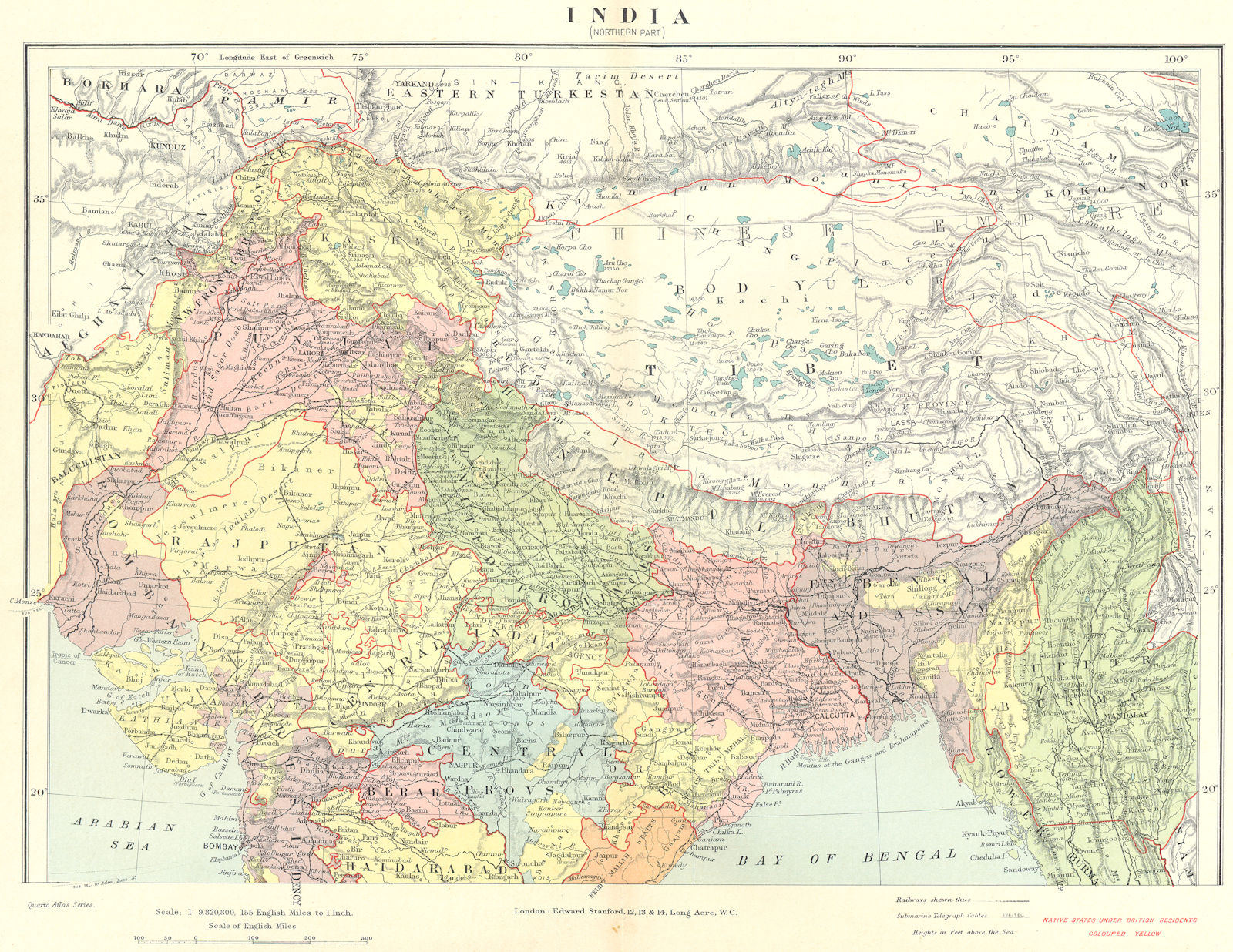 NORTH BRITISH INDIA. Rajputana Punjab. Tibet Bhutan Nepal. STANFORD 1906 map