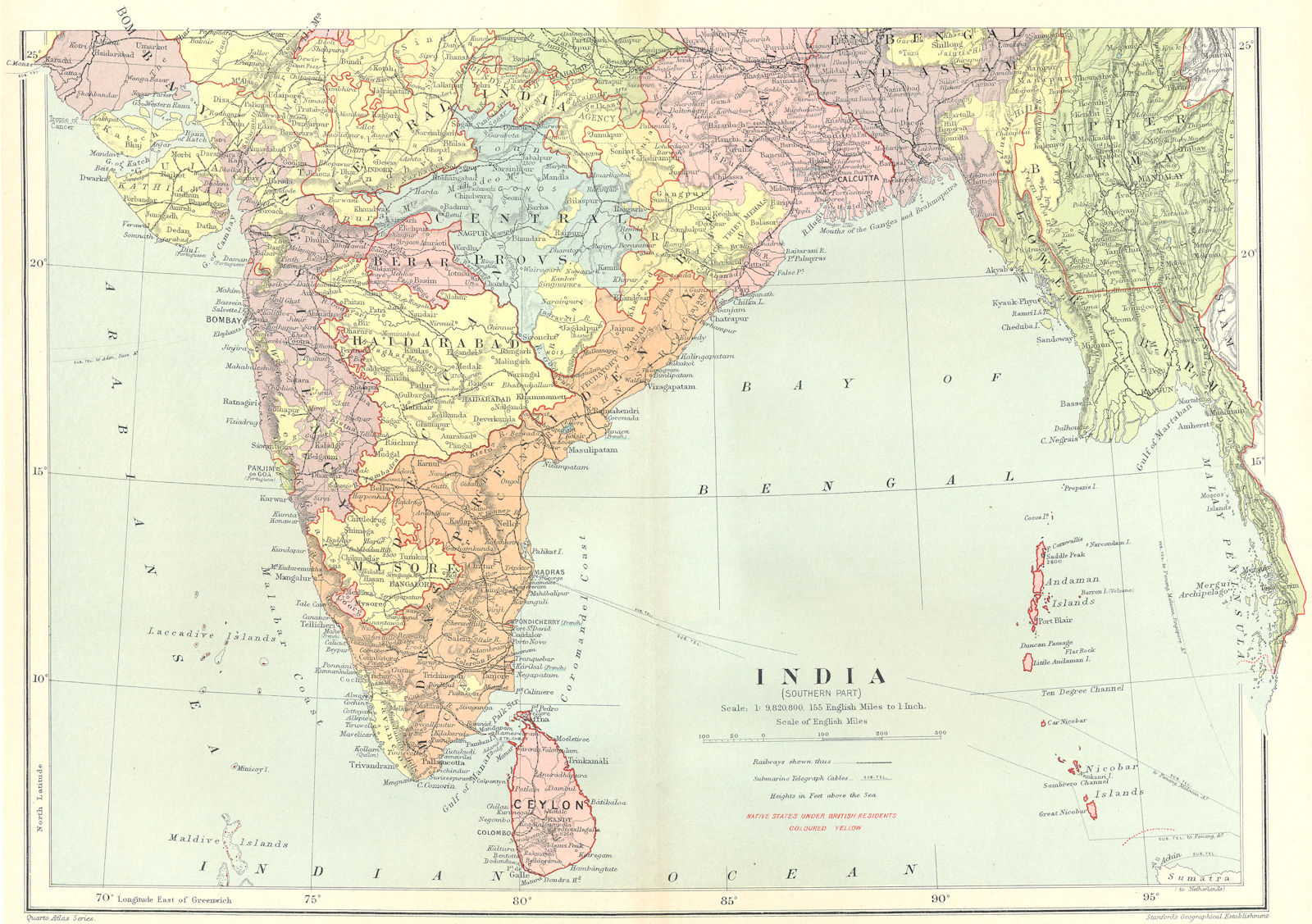 SOUTH BRITISH INDIA. Ceylon Burma. Bay of Bengal. Mysore. STANFORD 1906 map