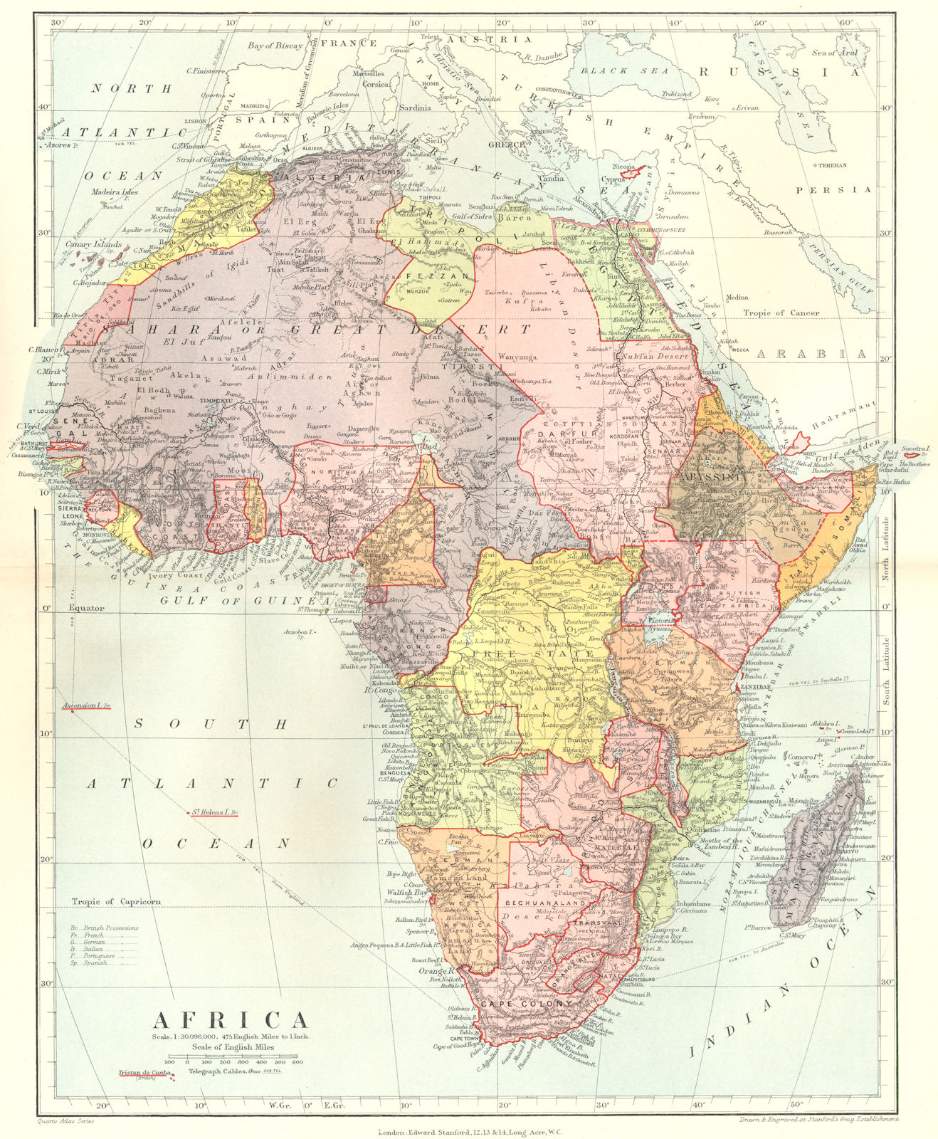 COLONIAL AFRICA. British French German Italian Portugal Spain.STANFORD 1906 map