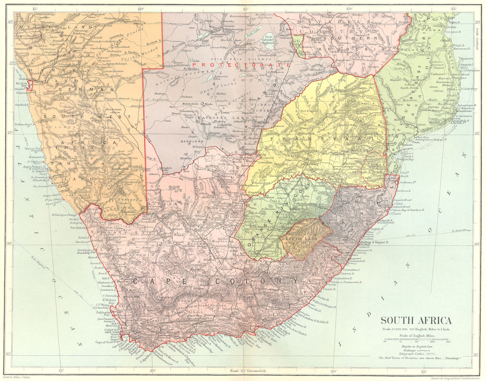SOUTH AFRICA. Cape Colony Orange River Colony Transvaal Natal.STANFORD 1906 map